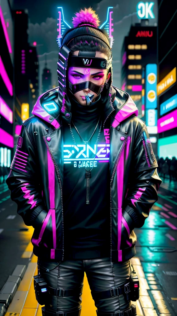 changer l'Arrière plan en thème cyberpunk, neons, masque Oni , add additional details on the visage, Donnez-lui a aspect réaliste et la qualité sera de 8k.