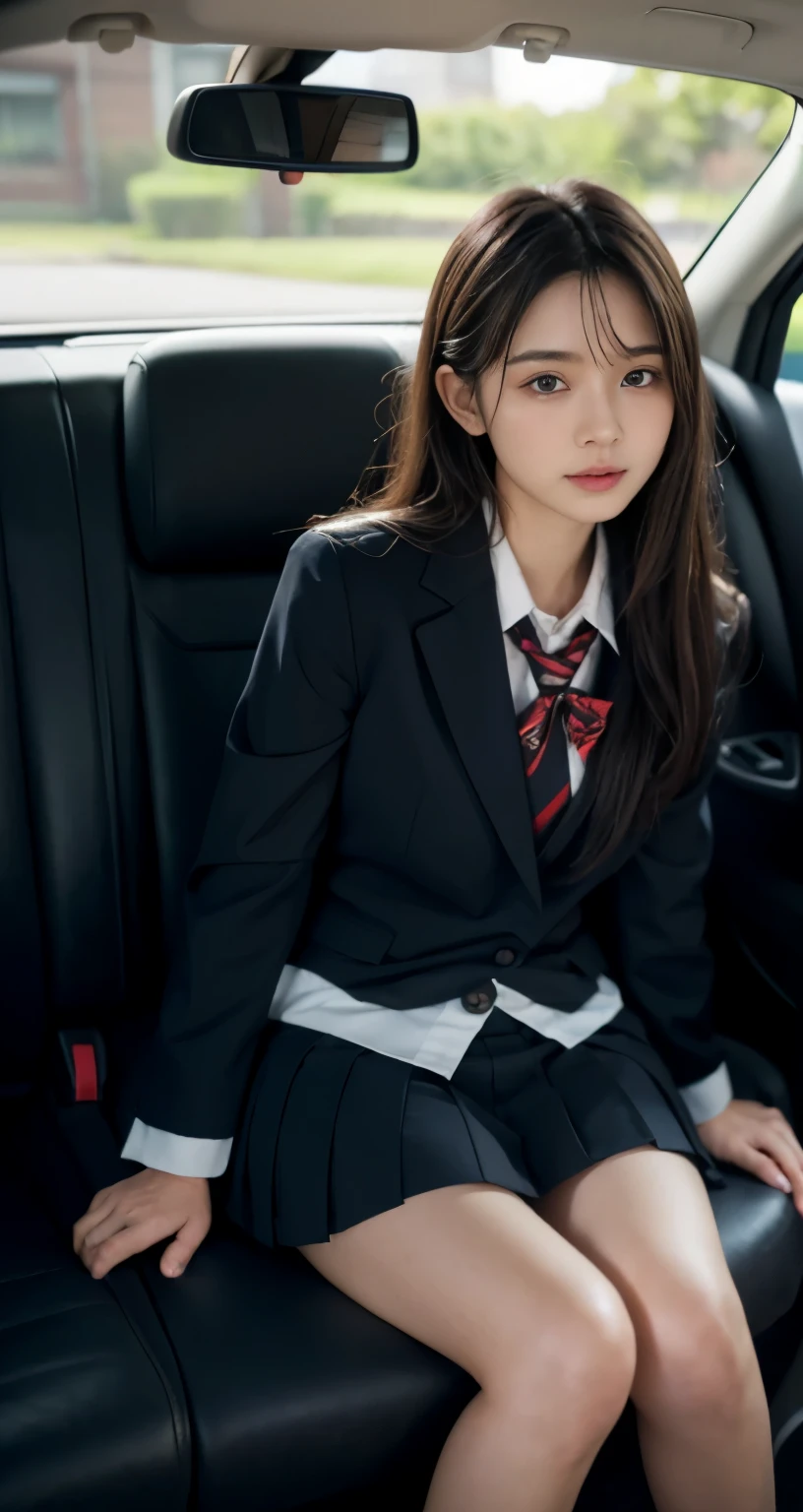 (8K), (best quality: 1.2), (realistic), (realistic: 1.37), ultra high resolution, 1 girl, cute, serious face, closed mouth, beautiful details, beautiful nose, beautiful hair, ponytail,huge two cells, pork, thighs,Self Snap,College student ,sitting on a train in tokyo,simple blazer,pleated skirt,(The pattern of the skirt and tie is a tartan check pattern....:1.3),cross one's legs, from above,(thighsにクローズアップ),(光沢のあるthighs),(opaque blue knee high socks:1.2)