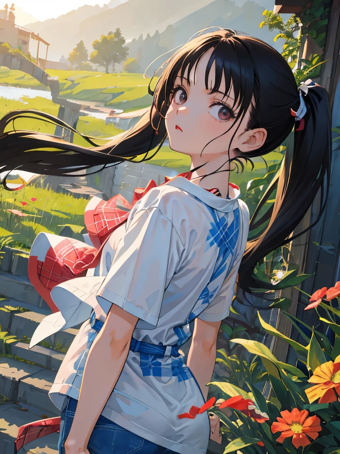 (masterpiece,Highest Quality),(child),((Plaid one piece)),(A dark-haired,long twintail),sleepy expression,Delicate body,The wind is blowing
