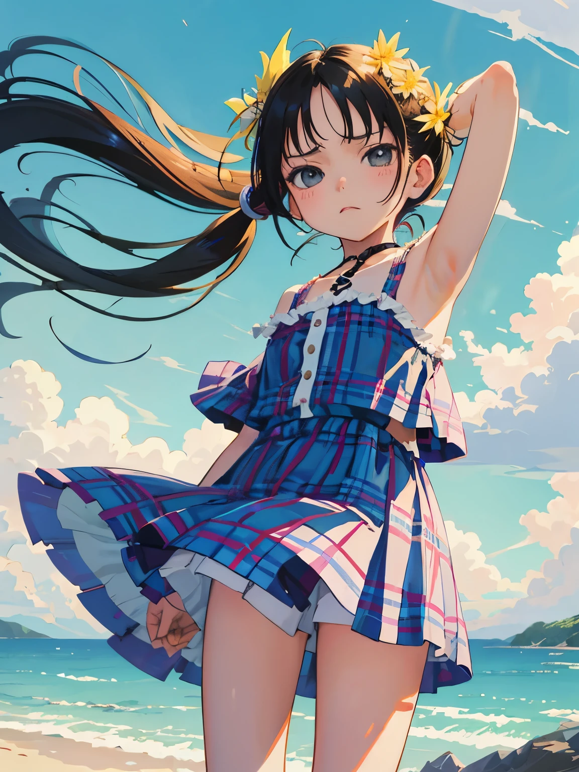 (masterpiece,Highest Quality),(),((Plaid one piece)),(A dark-haired,long twintail),sleepy expression,Delicate body,The wind is blowing