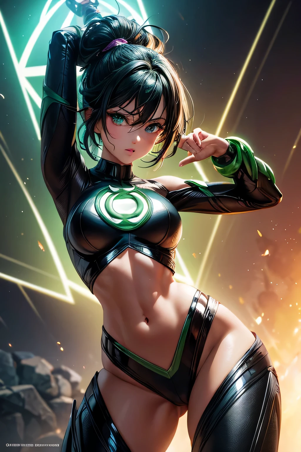 Superhero girl Green Lantern, combat stance, highly detailed, sexi, revealing, vibrant appearance, creative behavior, extremly detailed, imaginative, , spontaneous, highest quality, skin texture, intricate details, (cinematic lighting), RAW photo, 8k, masterpiece,best quality,ultra-detailed,very detailed illustrations,extremely detailed,intricate details,highres,super complex details,extremely detailed 8k cg wallpaper,