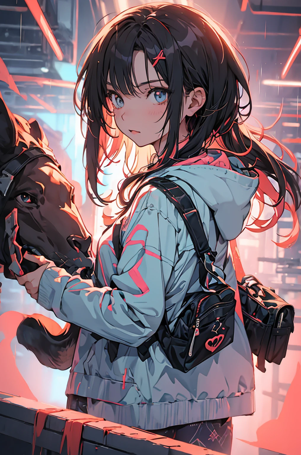 anime girl in the rain with a backpack and a backpack, anime style 4 k, cyberpunk anime girl in hoodie, 4k anime wallpaper, anime art wallpaper 8 k, anime art wallpaper 4k, anime art wallpaper 4 k, anime wallpaper 4k, anime wallpaper 4 k, anime style. 8k, badass anime 8 k, digital cyberpunk anime art