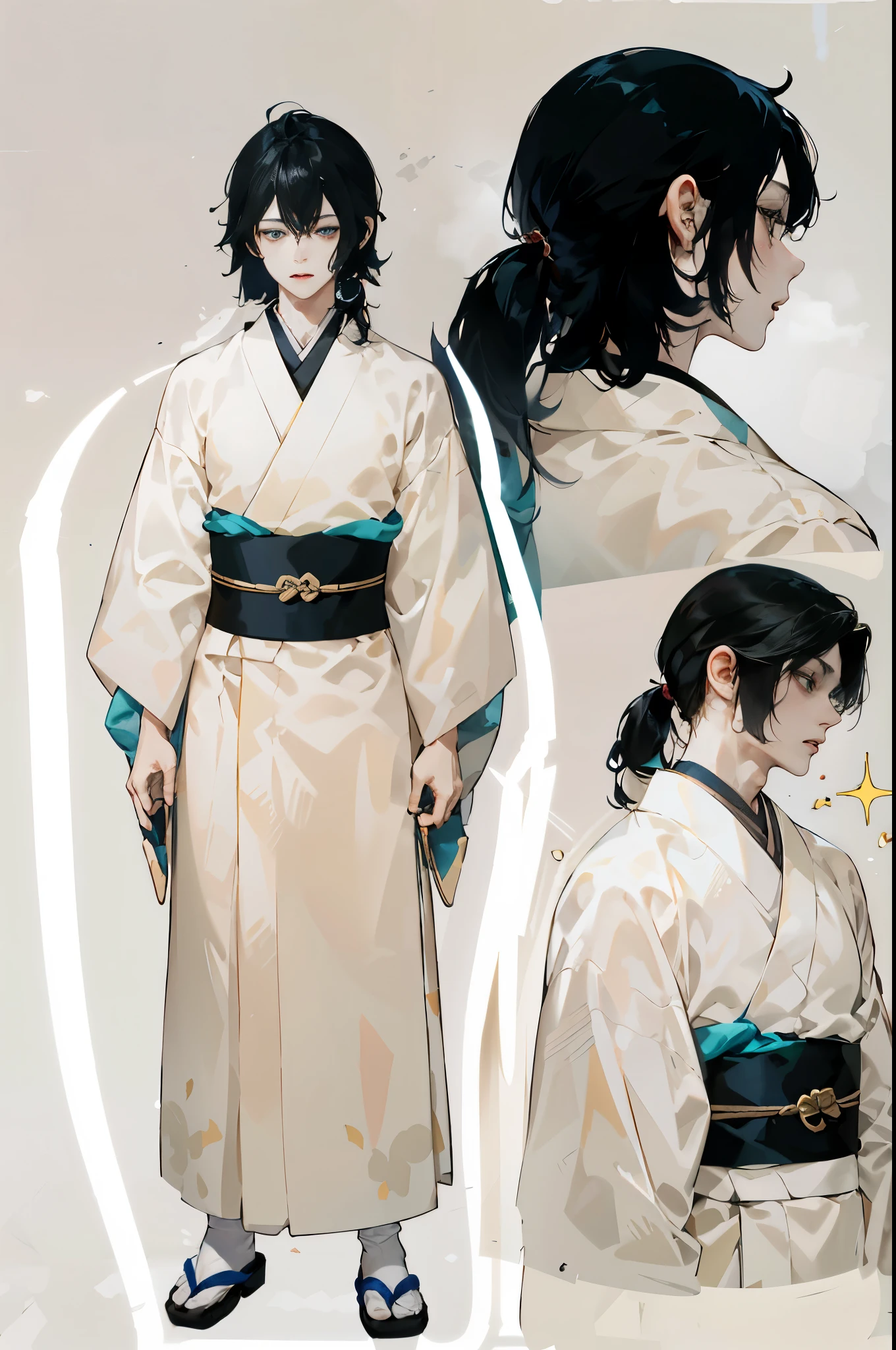 【【People drawing, Standing painting】】((Best quality)), ((tmasterpiece)), , It's a perfect face（（male people）），Black-haired young man，长low ponytail，Hair fluttering，delicated face，Good eyes，low ponytail，フォトリアリスティック， beautidful eyes, Mottled light and shadow, ，，Cute action，white backgrounid， reference sheet, escala cinza，Standing Picture，Three View，日本Libido boy，Kimono with white，pale color，Libido boy，1 whole body