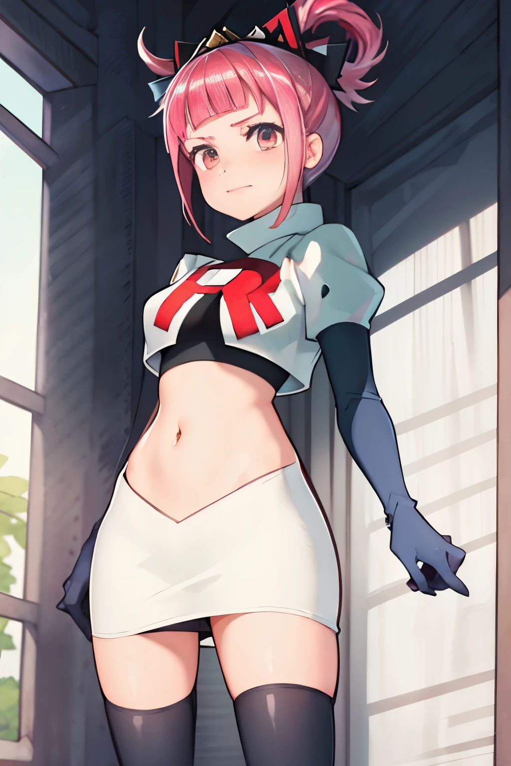 Hortensia, Hortensia \(Fire Emblem\), Hortensia \(Fire Emblem: Engage\), pink hair, team rocket, team rocket uniform, red letter R, white skirt, white crop top, black thigh-high boots, black elbow gloves,