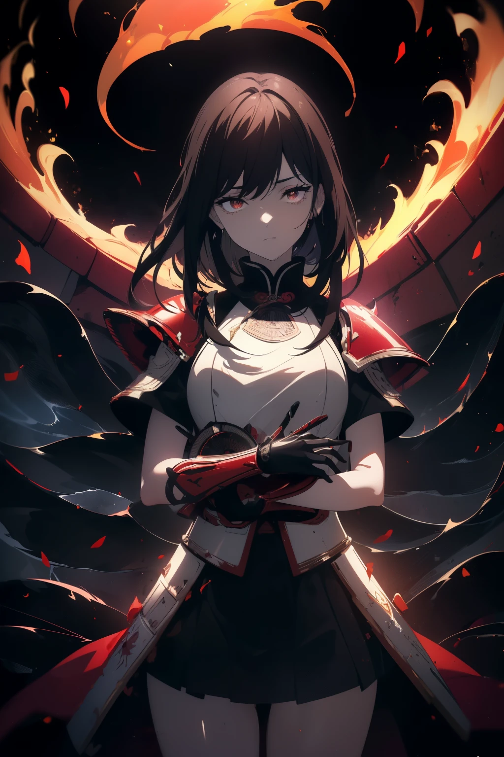 ((((Obra maestra, La mejor calidad, ultrahigh resolution)))), 1girl, happy, ((((standing, wearing red samurai armor, plate armour)))), (black hair, dark black hair over eye:1), long hair cut, pale skin, ((brown eyes)), ((glowing_eyes)), (((ultra detailed eyes:0.7, beautiful and detailed face, detailed eyes:0.9))), ((centered)), ((over joyed expression)), ((wide shot)), facing viewer, (((outdoors, purple and black lights, black dancing silhouettes:0.9))), medium breasts, looking at viewer, ((half closed eyes)), ((perfect hands)), (((head:1, arms, hips in view, elbows, thighs, in view))), ((hands at sides)), lively eyes, beautiful lighting, outside, outdoors, background, defined subject, 25 years old, (head tilt), (((cool))), ((lively)), (((waves_of_fire, flames))), (((high contrast)))