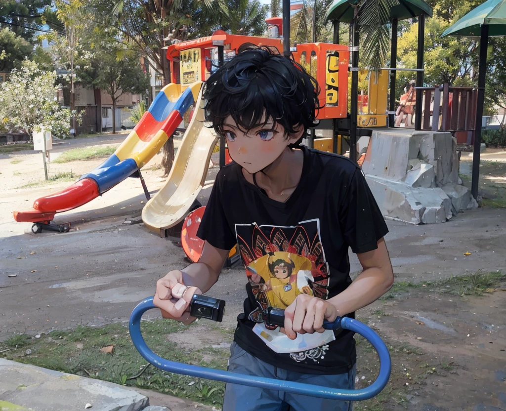 boy leaning on a red metal bar in a park, loli, en un parque, lindo chico emo, peruvian boy looking, boy has short black hair, 14 yo berber boy, next to a tree, Leonid, Furthermore, en Egipto, Tomada con una DSLR Canon, alejandro, Tomada con una Pentax K1000