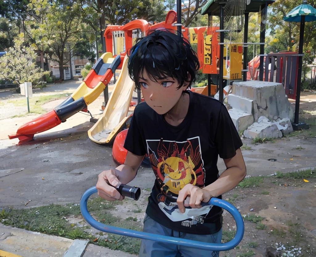 boy leaning on a red metal bar in a park, loli, en un parque, lindo chico emo, peruvian boy looking, boy has short black hair, 14 yo berber boy, next to a tree, Leonid, Furthermore, en Egipto, Tomada con una DSLR Canon, alejandro, Tomada con una Pentax K1000