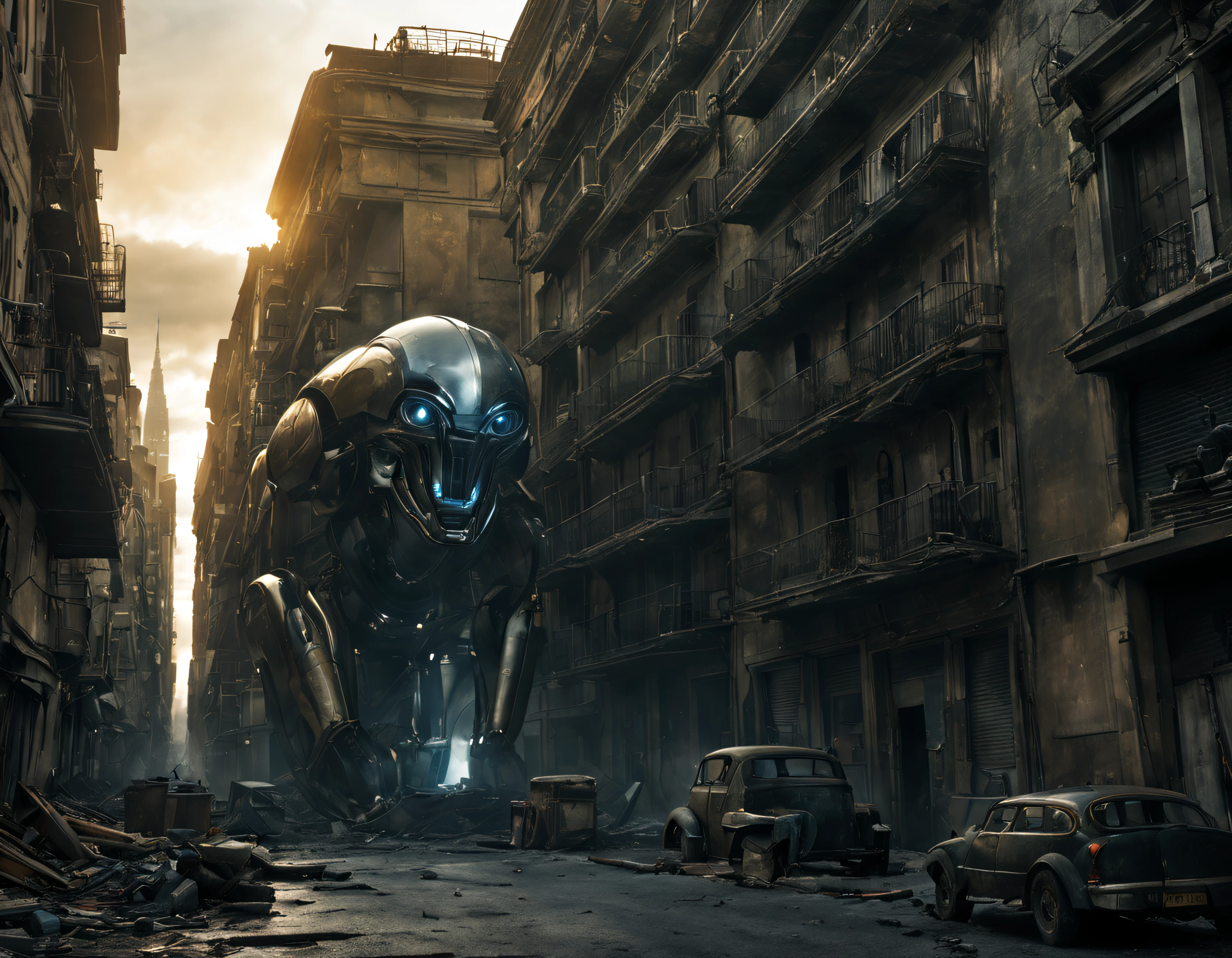 basado en la pelicula prometheus, dos tripulantes pasean por una ciudad impresionante, en mal estado de conservacion pero altamente tecnologica, con maquinaria abandonada en las calles, con inmensos edificios construidos con metal y cristal, donde abunda el oro, la plata y el bronce, las ventanas estan iluminadas y la iluminacion es la de la hora dorada con el sol poniendose, , detalles intrincados de la maquina de alta calidad), estilo cinematografico, nitidez absoluta, imagen 8k.(obra maestra).fondos de pantalla, ultra detallado.