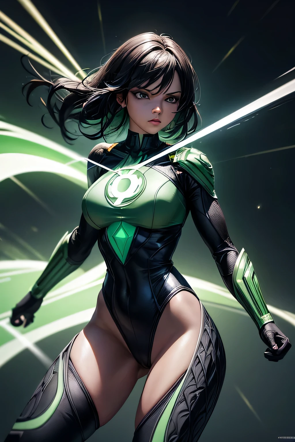 Superhero girl Green Lantern, combat stance, highly detailed, sexi, revealing, vibrant appearance, creative behavior, extremly detailed, imaginative, , spontaneous, highest quality, skin texture, intricate details, (cinematic lighting), RAW photo, 8k, masterpiece,best quality,ultra-detailed,very detailed illustrations,extremely detailed,intricate details,highres,super complex details,extremely detailed 8k cg wallpaper,