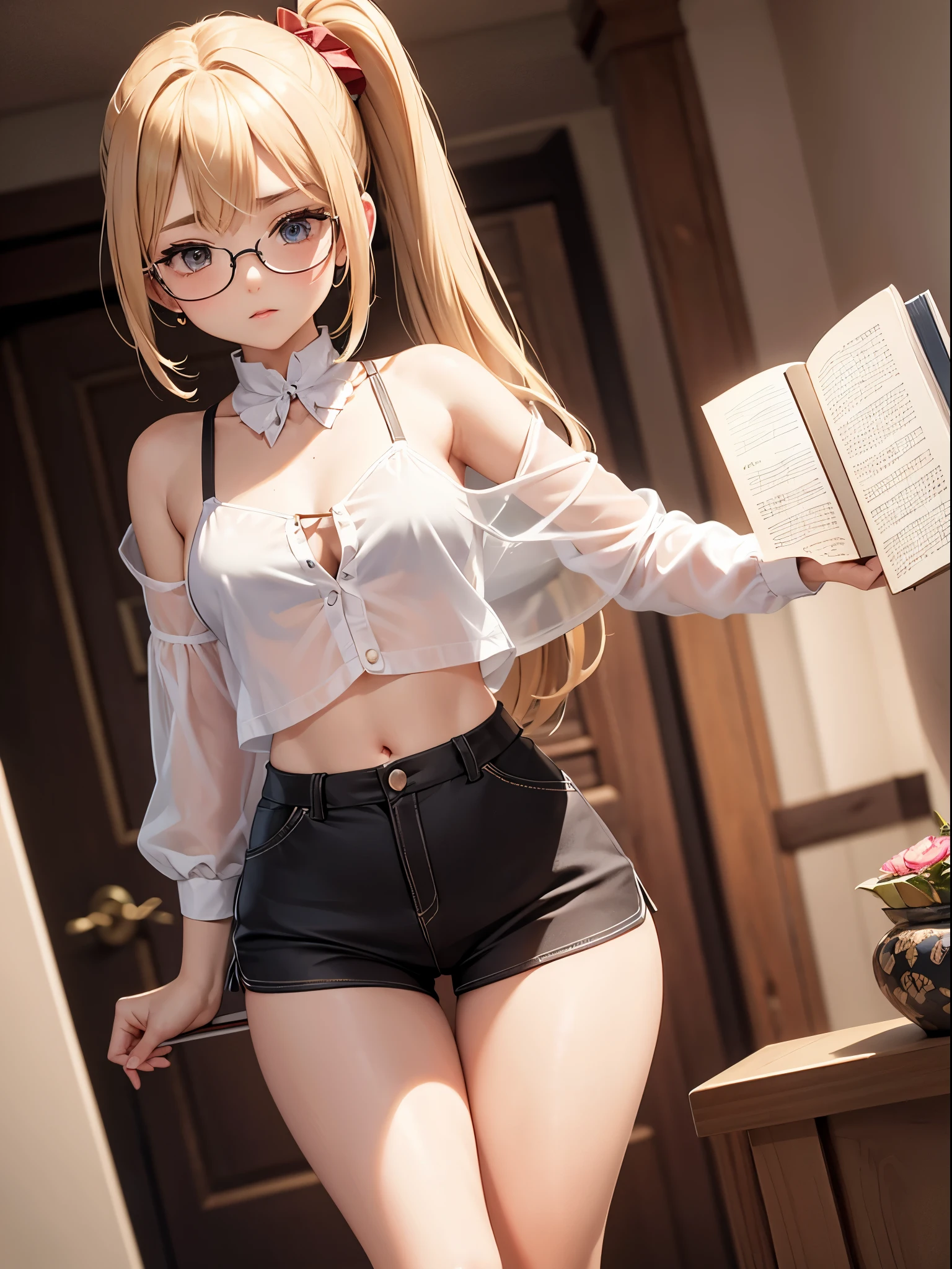 body, girl, blonde hair tied in a side ponytail, sensual cleavage, transparent blouse, small breasts, ass facing the viewer, holding a book, back to the screen, micro shorts 1.4, Ultra HD, 4k image, glasses , character close to the camera, tight shorts, V panties, red panties, low waist panties, short miniskirt 1.3