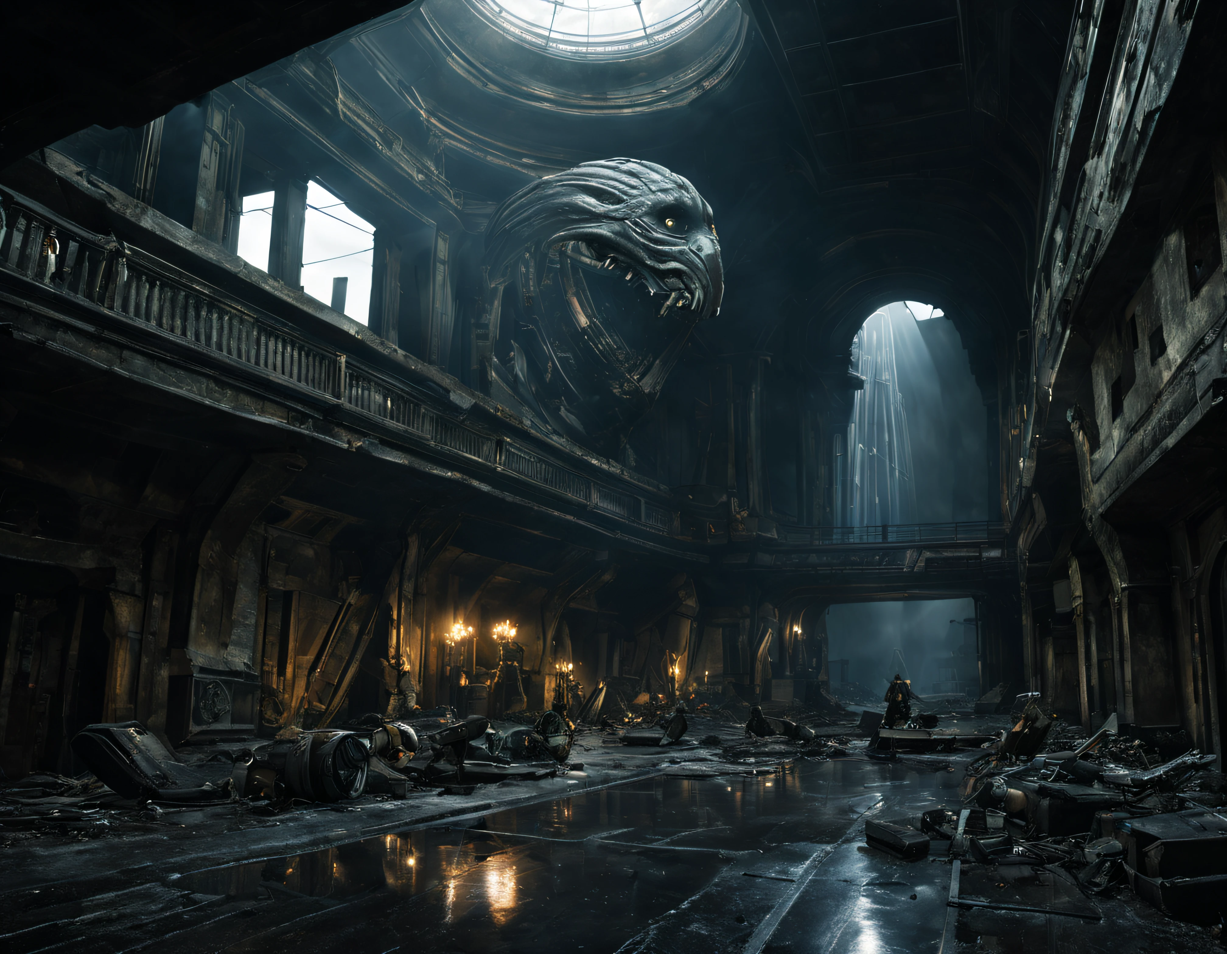 basado en la pelicula prometheus, dos tripulantes pasean por una ciudad impresionante, en mal estado de conservacion pero altamente tecnologica, con maquinaria abandonada en las calles, con inmensos edificios construidos con metal y cristal, donde abunda el oro, la plata y el bronce, las ventanas estan iluminadas y la iluminacion es la de la hora dorada con el sol poniendose, , detalles intrincados de la maquina de alta calidad), estilo cinematografico, nitidez absoluta, imagen 8k.(obra maestra).fondos de pantalla, ultra detallado.