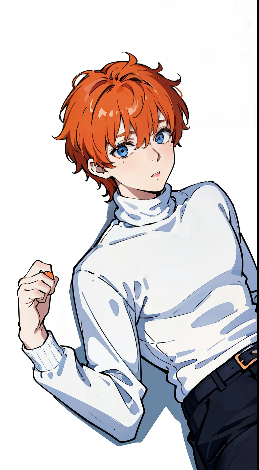 (1boy,teen,18 years old), orange hair, blue eyes,(black pants),(((white sweater,turtleneck))),(((Lying down,from above))), (white background)