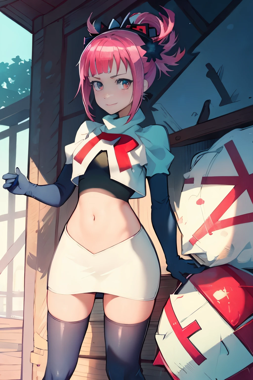 Hortensia, Hortensia \(Fire Emblem\), Hortensia \(Fire Emblem: Engage\), pink hair, team rocket, team rocket uniform, red letter R, white skirt, white crop top, black thigh-high boots, black elbow gloves,