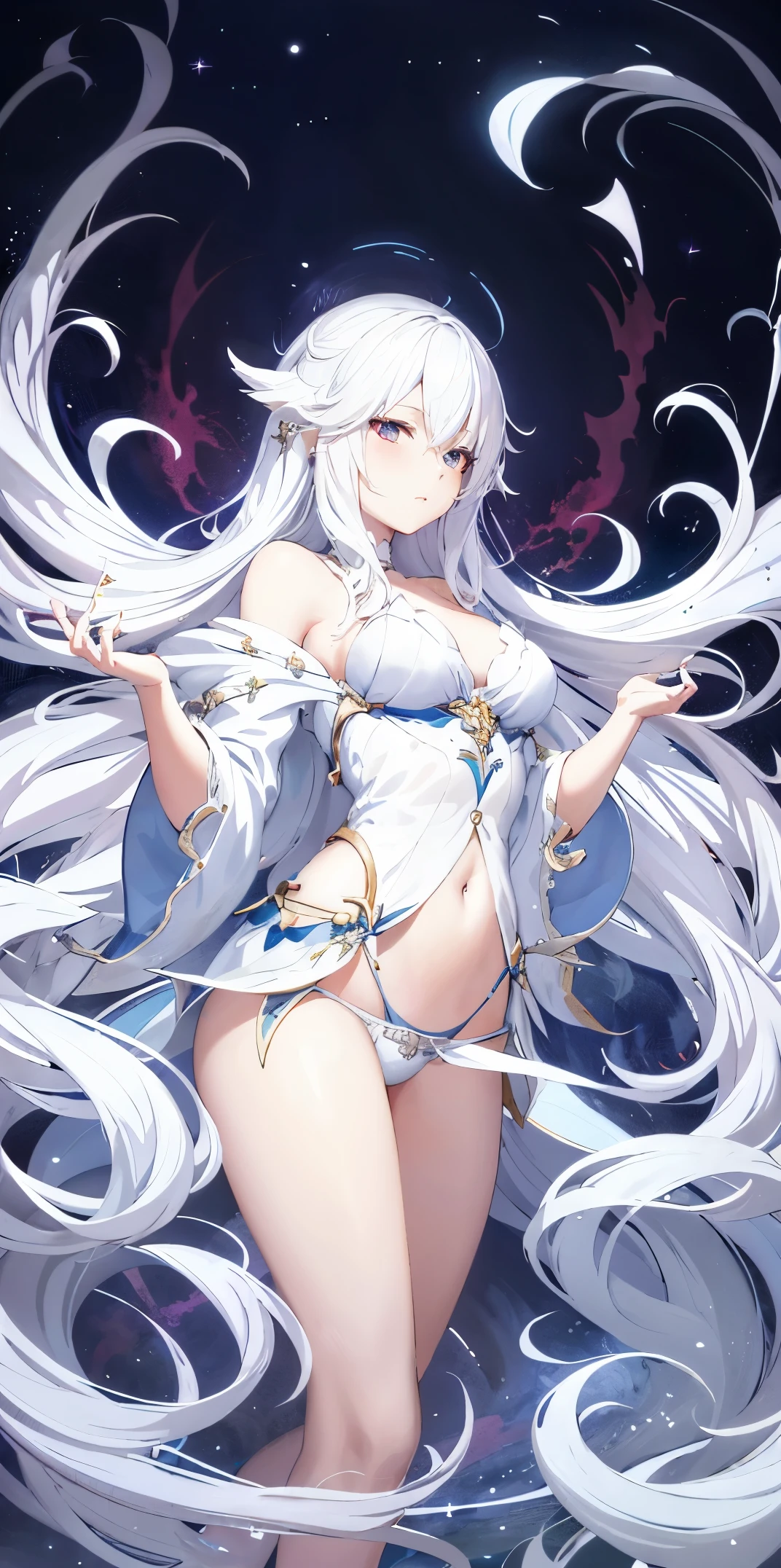 Pixiv Contest Winner, Fantasyart, white-haired god, Belle peinture de personnage, Gouves style artwork, Yukino's dazzling gaze, guweiz, Long white hair, Long flowing hair and robes, adorable big eyes, illustratio, Fine lines, deep colour,wearing only his underwear,Yuki