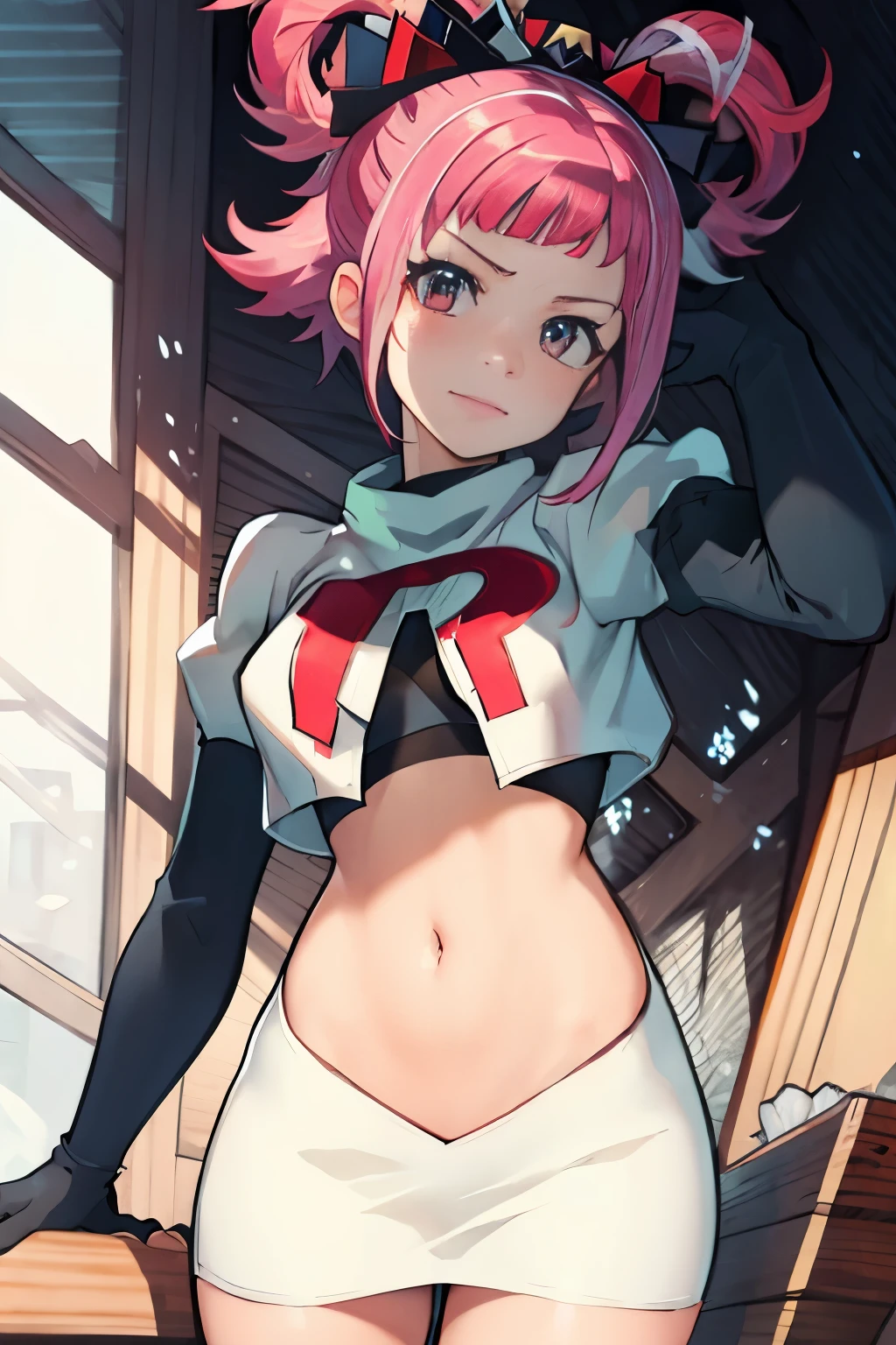 Hortensia, Hortensia \(Fire Emblem\), Hortensia \(Fire Emblem: Engage\), pink hair, team rocket, team rocket uniform, red letter R, white skirt, white crop top, black thigh-high boots, black elbow gloves,