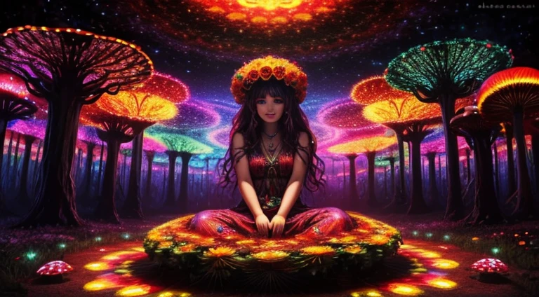 ((psychedelic)) scarlet begonias in her hair. Sitting in a ring of magic mushrooms. Cute Dancing dead bears, (acid trip) HDR, 4K