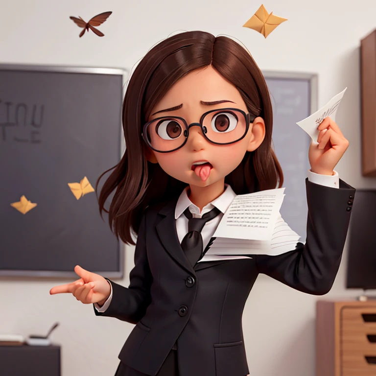 1girl, medium-length brown hair, brown eyes, glasses, open forehead, office outfit, black jacket, white shirt, black skirt, open mouth, no smile, (((little papers fly into mouth))), fright