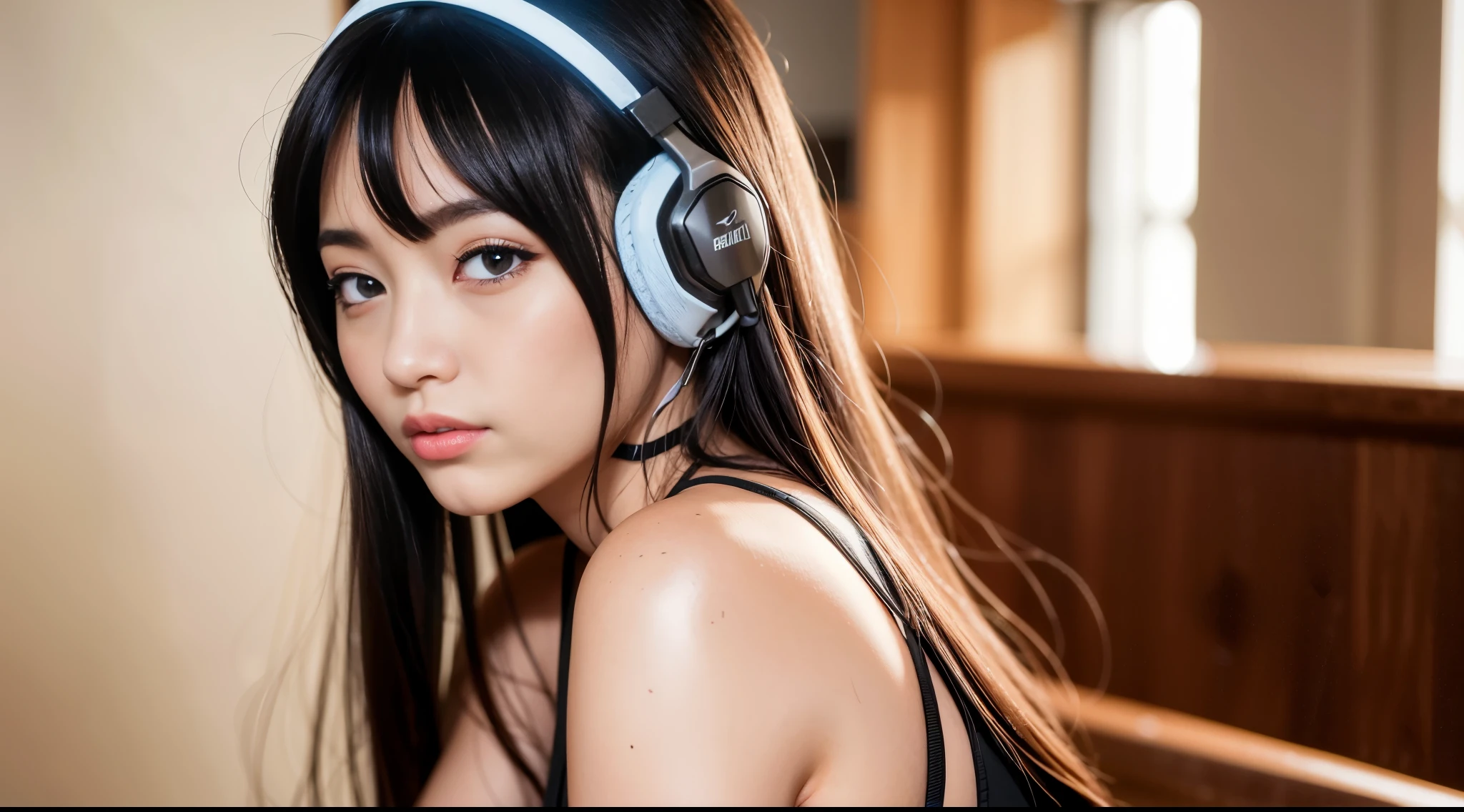 qualidade superior、超A high resolution、(Fotorrealista:1.4)、(ULZZANG-6500:0.4)、Embelezamento、Korean idols、18 anos、comprimento do cabelo、cabelos castanhos claros、Penteado limpo e ondulado、Seios pequenos、Seios muito pequenos、olhos realistas, delgado narrow eyeeautiful eyes、um sorriso、Topo de colheita、Tampos、Use uma camisa transparente、uma minissaia、na rua、agachando-se、delgado、A delgado、Linhas de corpo esbeltas、Tiro na diagonal de cima、using a gaming headset to listen to music on your smartphone