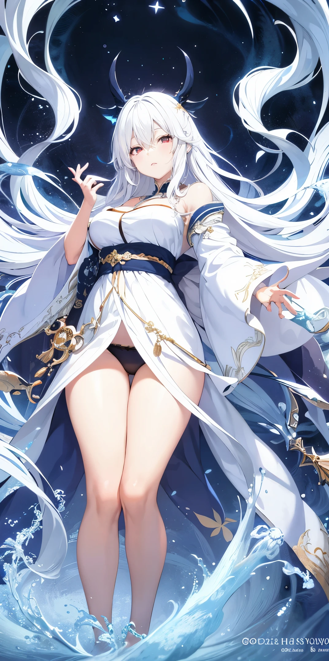 Pixiv Contest Winner, Fantasyart, white-haired god, Belle peinture de personnage, Gouves style artwork, Yukino&#39;s dazzling gaze, guweiz, Long white hair, Long flowing hair and robes, adorable big eyes, illustratio, Fine lines, deep colour，wearing only his underwear，Yuki