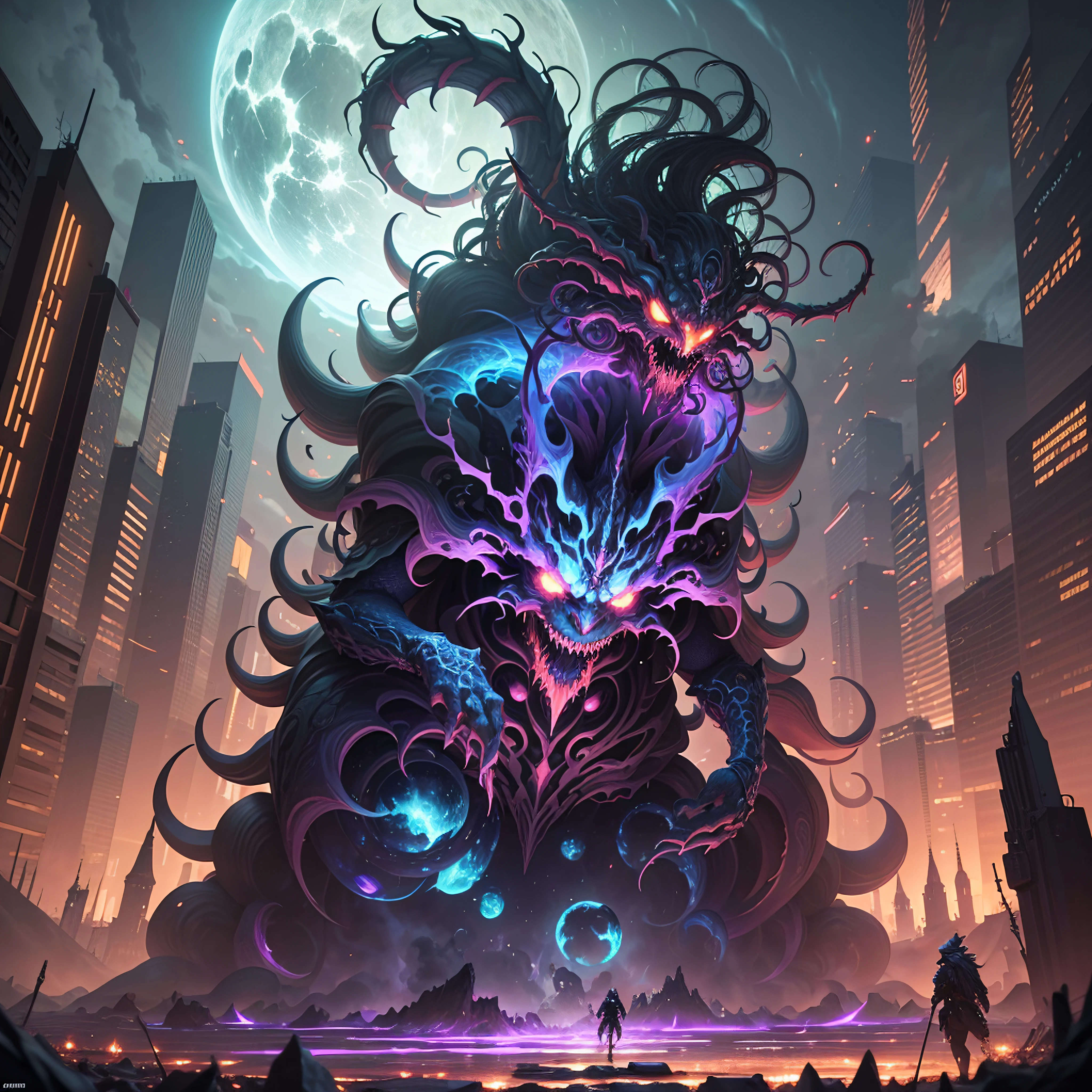 Cosmic abomination, the creator of lag in video games, an embodiment of chaos and destruction. Its shape is constantly twisting and changing, distorting the reality around it. Its body is composed of twisted tentacles, menacing eyes, and grotesque appendages that intertwine in a nightmarish pattern. He exudes an overwhelming darkness, and his disgusting laughter echoes throughout the continent of the game. He is a boss who challenges players in every aspect. Their presence distorts both the known and the unknown, forcing players to face madness and an almost impossible battle. Only through massive collaboration and performing an arcane ritual can players temporarily contain their catastrophic influence on the continent of Tibia.Ultra-realistic, cinematic, chromatic aberration, incredibly detailed and intricate, FKAA, TXAA, RTX, CGI, VFX, pointillist arms --ar 16:9, chaos 100. --auto --s2
