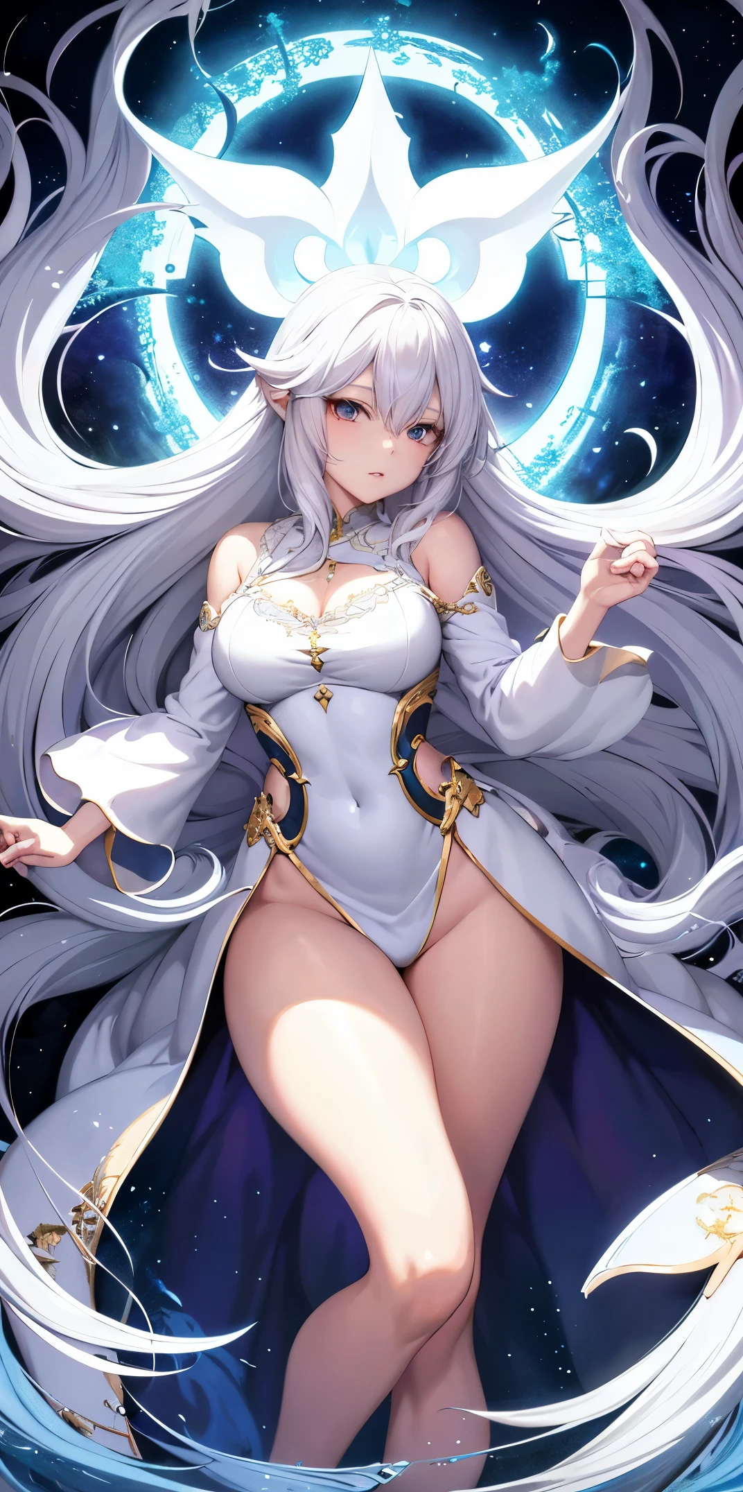 Pixiv Contest Winner, Fantasyart, white-haired god, Belle peinture de personnage, Gouves style artwork, Yukino's dazzling gaze, guweiz, Long white hair, Long flowing hair and robes, adorable big eyes, illustratio, Fine lines, deep colour,wearing only his underwear,Yuki