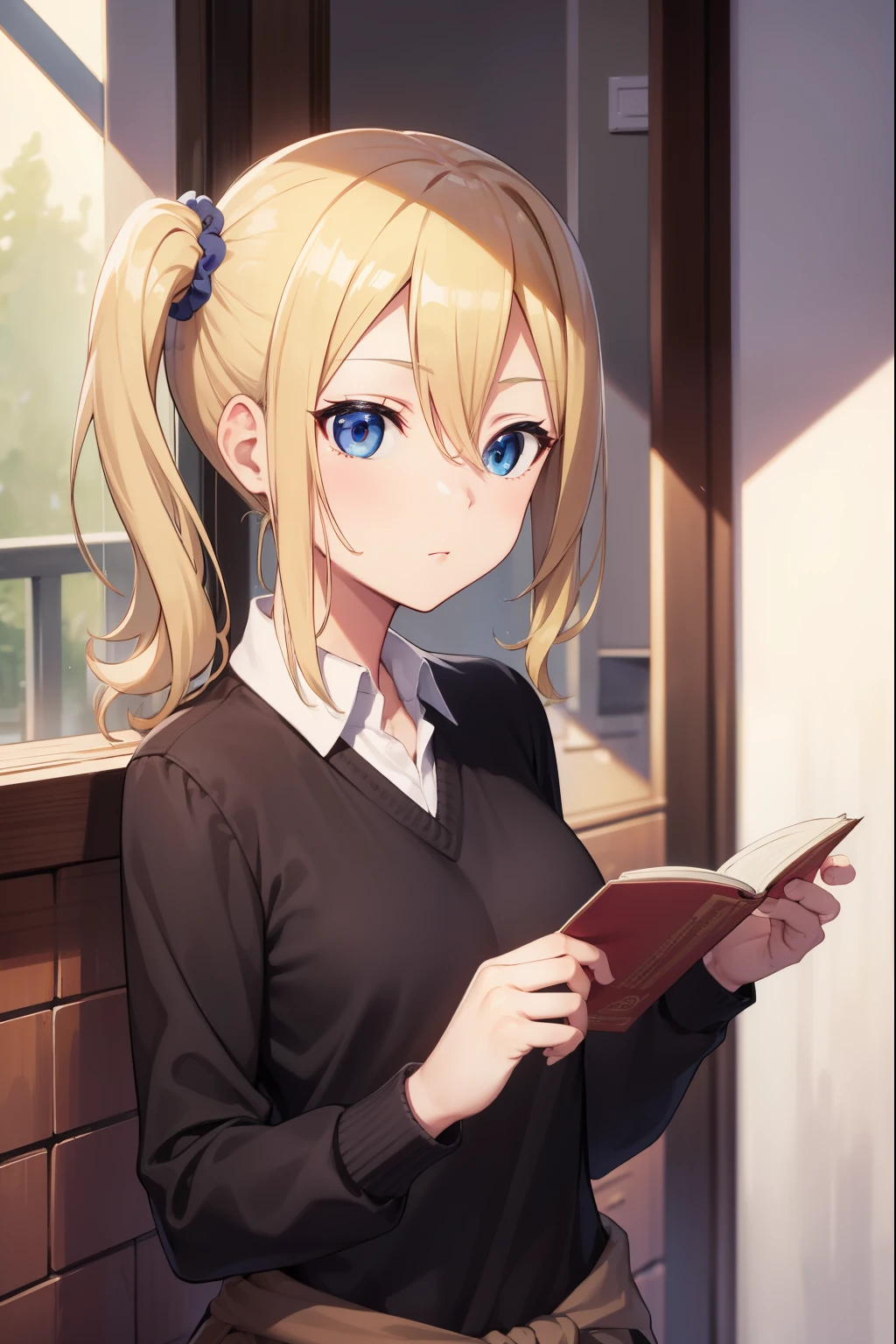 Aihayasaka, Ai Hayasaka, Blonde hair, Blue eyes, blue Scrunchie, hair between eye, hair Scrunchie, Long hair, Scrunchie, Side Ponytail, side locks,
BREAK black Sweaters, Blouse, Cardigan, Cardigan around waist, clothes around waist, collared Shirt, dress Shirt, Long sleeves, School uniform, Shirt, shuuchiin academy School uniform, Pleated skirt, Sweaters, white Shirt,
BREAK looking at viewer,
BREAK indoors, crass room,
BREAK (masutepiece:1.2), Best Quality, High resolution, Unity 8k壁纸, (Illustration:0.8), (Beautiful detailed eyes:1.6), extra detailed face, Perfect Lighting, extremely details CG, (Perfect hands, Perfect Anatomy), portrait