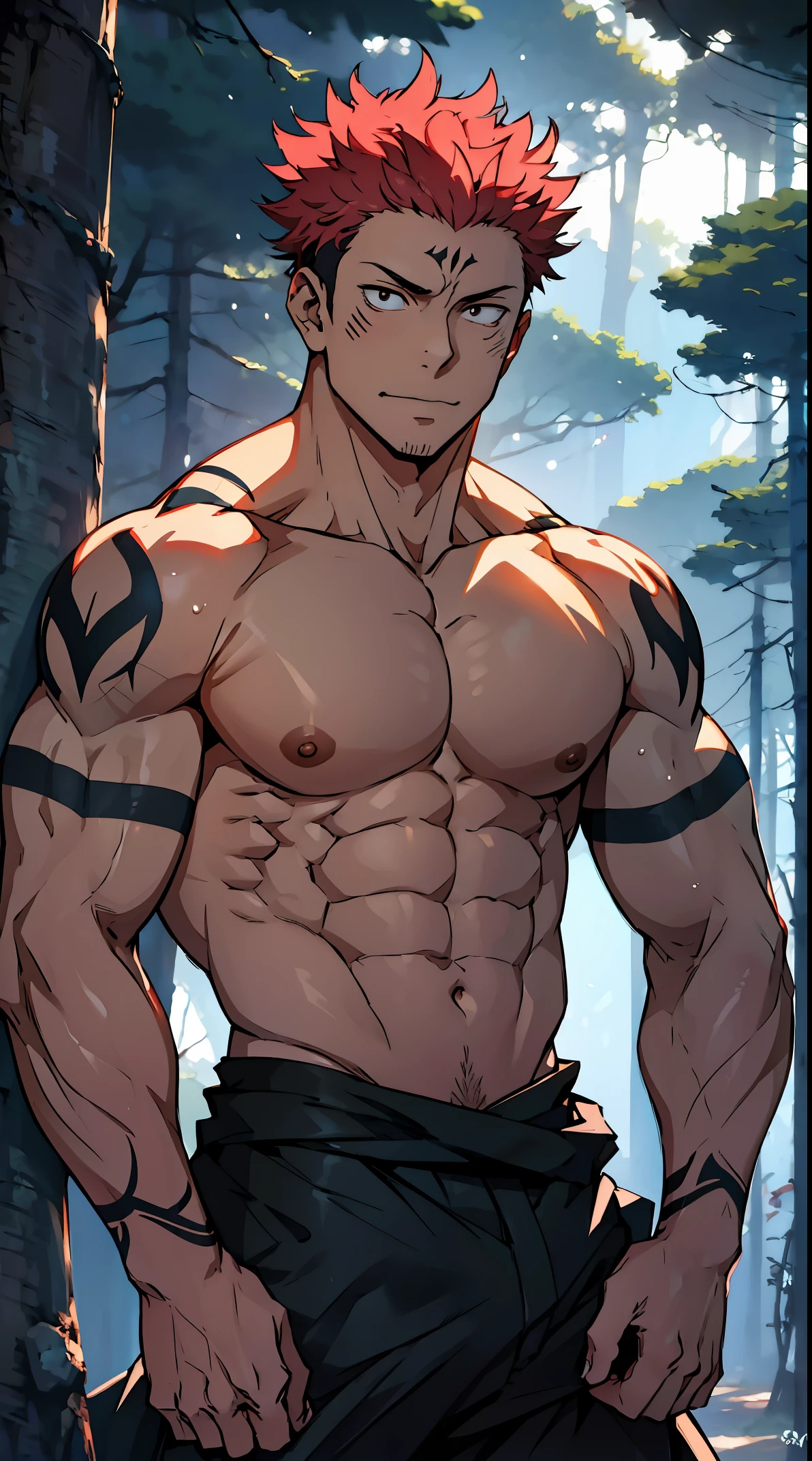 ((1boy)), young boy, (nice hands, perfect hands), (male focus), (perfect anatomy), ((kirishima eijirou)), bare chest, sparkling eyes, abs and pectoral muscles, (ready to attack a villain, looking at viewer), (ruined burning city in the background)