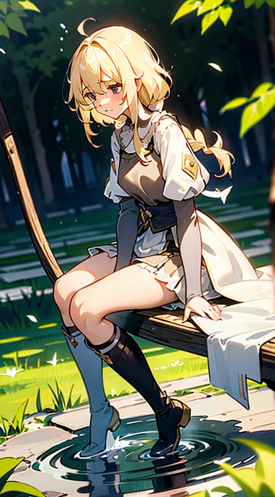 , ((a blond:1.4)), ((Long:1.4)), shame, He&#39;s looking at me with a shy expression on his face., Light blue fluttering short dress, frilldの付いた白いエプロンスカートを重ねる, frilld, A large white ribbon is tied in the back around the waist of the dress. , B-cup breasts, Light blue fluttering mini skirt, 両足ともハイソックスは爪先から太ももの半ばあたりまである長い白色のknee high, ((knee high:1.4)), and draw the full body, In the forest where bright sunlight shines through, Clothes disheveled and chest exposed, teatsが見えている, ((teats:1.4)), Her skirt is in disarray and her crotch is visible., 股のFemale genitalsが見えている, ((Female genitals:1.4)), Pee, お漏らししてPeeが股からチョロチョロと出ている, Lying on the ground, lying on one's side, Urine excreted on the ground around my waist runs down my thighs and wets the ground., ((pissing:1.5)), I&#39;m holding out my hand as if to invite you here, The girl is looking at this, Please draw from a low angle on the front side.