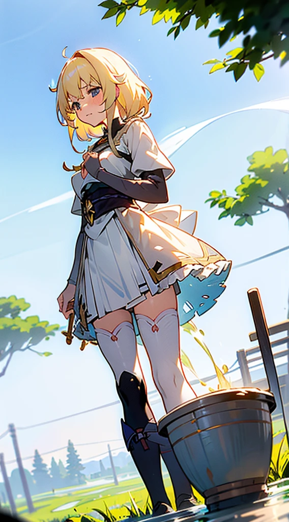 , ((a blond:1.4)), ((Long:1.4)), shame, He&#39;s looking at me with a shy expression on his face., Light blue fluttering short dress, frilldの付いた白いエプロンスカートを重ねる, frilld, A large white ribbon is tied in the back around the waist of the dress. , B-cup breasts, Light blue fluttering mini skirt, 両足ともハイソックスは爪先から太ももの半ばあたりまである長い白色のknee high, ((knee high:1.4)), and draw the full body, In the forest where bright sunlight shines through, Clothes disheveled and chest exposed, teatsが見えている, ((teats:1.4)), Her skirt is in disarray and her crotch is visible., 股のFemale genitalsが見えている, ((Female genitals:1.4)), Pee, お漏らししてPeeが股からチョロチョロと出ている, Lying on the ground, lying on one's side, Urine excreted on the ground around my waist runs down my thighs and wets the ground., ((pissing:1.5)), I&#39;m holding out my hand as if to invite you here, The girl is looking at this, Please draw from a low angle on the front side.