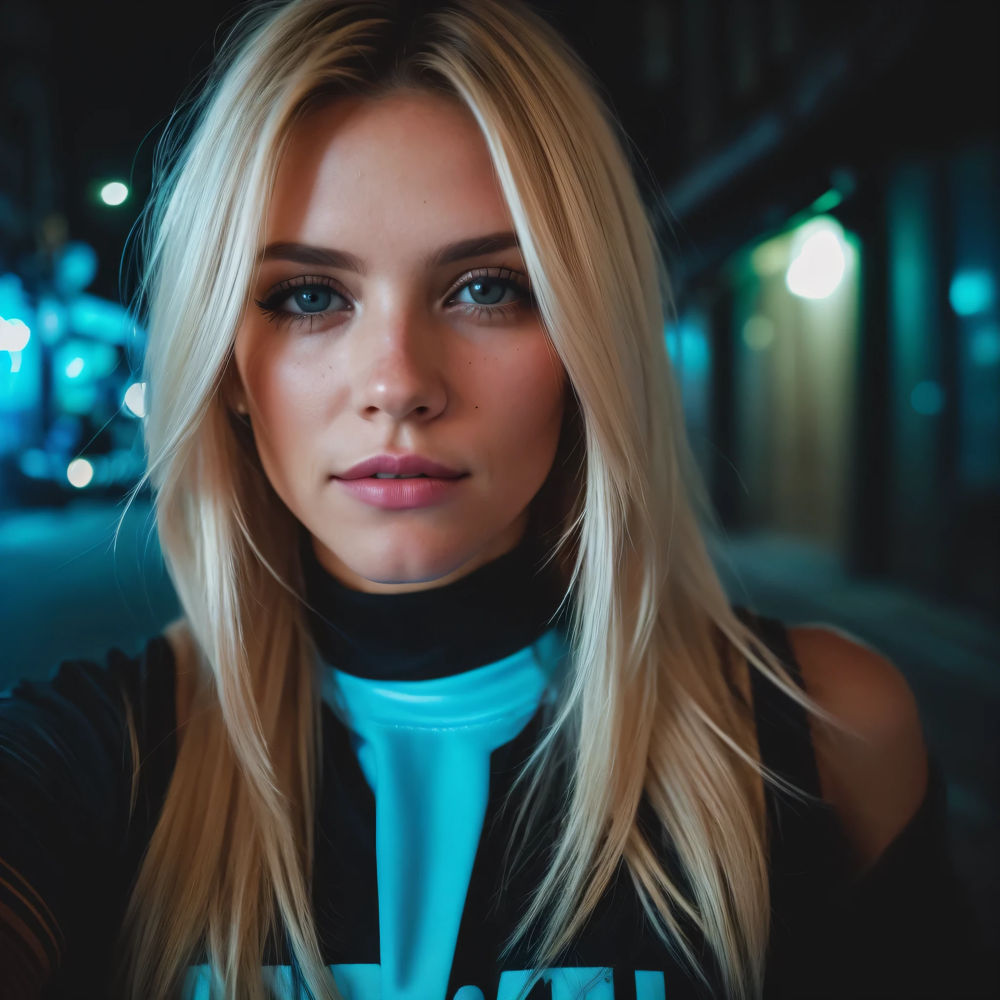 (Selfie, Vista superior: 1.4), (mitad recta del cuerpo: 1.4), RAW UHD portrait photo of a 22 year old blonde (mujer de ojos azules claros) walking down a dark alleyway, senos grandes,, city at Noche, (Falda camiseta blanca con cuello redondo), (escote), Detalles (Texturas! , cabello! , brillar, Color!! , Desventajas: 1.1), ojos brillantes con alto detalle (Looking at the camera), SLR lighting, SLR camera, Ultra calidad, agudeza, Profundidad de campo, Film grain (centro), Fujifilm XT3, Cristalina, frame centro, Cara hermosa, foco nítido, farola, Neon lighting, Bokeh (Poca luz), Noche, (Noche sky), poros detallados de la piel, piel grasa, quemadura, complex eye Detalles, cuerpo completo, senos grandes