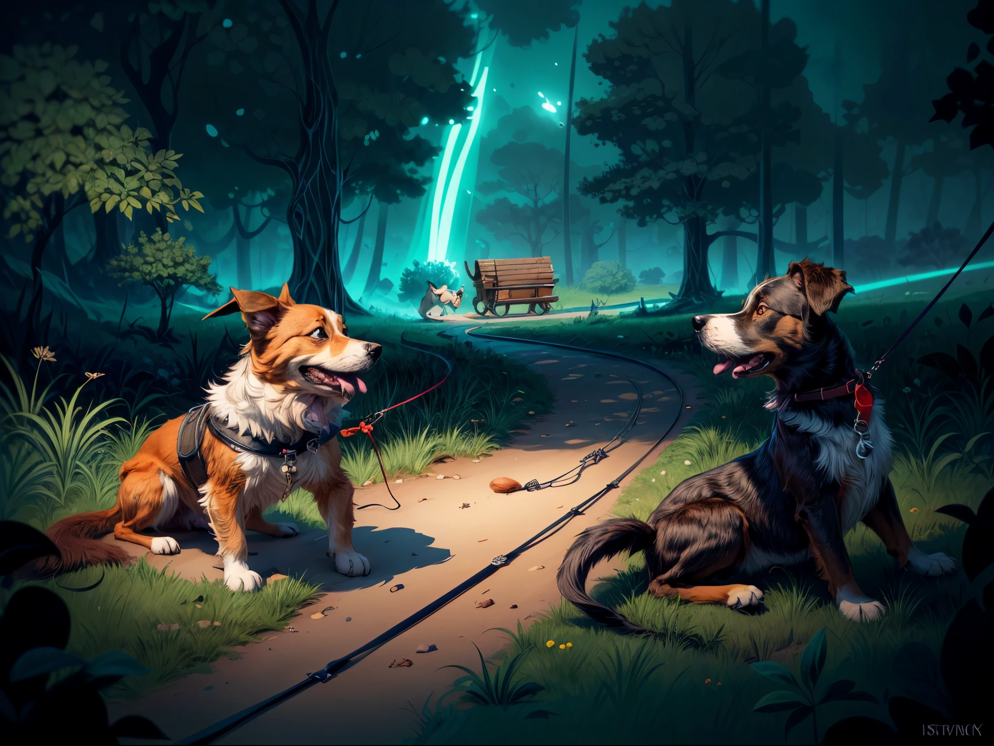 cartoon drawing of two dogs on a leash in a park, animated disney movie inking, published concept art, stylized linework, black and white illustration, official illustration, whole page illustration, by Istvan Banyai, concept art for a video game, by Maksimilijan Vanka, colorkey scene, game illustration, cartoon concept art