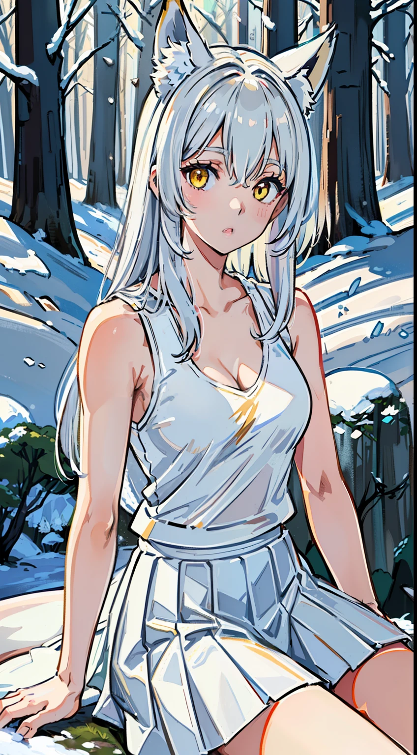 1girl,solo,medium breasts,mature female,((white sleeveless and shoulderless t-shirt,cleavage, white pleated skirt)),silver hair,long hair,yellow eyes,fox ears,((sitting in snow,in a Forest)),from front,looking to the view,cowboy shot,:o