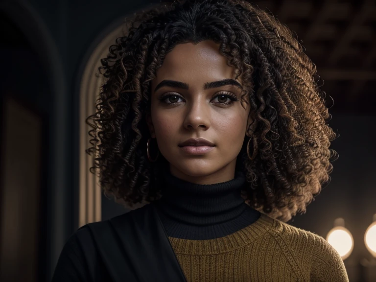 photoRealistic full body portrait of stunning, Hispanic woman in yellow turtleneck with curly Hair writing down data from receipt while sitting at table with papers and smartphone and working on financial project at home, (8k, Foto RAW, melhor qualidade, master part:1. 2), (Realistic, photo-Realistic:1. 37) ultra-detalhado, belos olhos detalhados, beautiful detailed lips, Um olhar cativante, and a seductive expression. beautiful dynamic dramatic dark moody lighting, Sombras, cinematic atmospheric, fotografia, focal length, ((Cintura longa, Messy, selvagem, louro, Hair)),