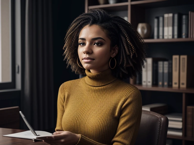 photoRealistic full body portrait of stunning, Hispanic woman in yellow turtleneck with curly Hair writing down data from receipt while sitting at table with papers and smartphone and working on financial project at home, (8k, Foto RAW, melhor qualidade, master part:1. 2), (Realistic, photo-Realistic:1. 37) ultra-detalhado, belos olhos detalhados, beautiful detailed lips, Um olhar cativante, and a seductive expression. beautiful dynamic dramatic dark moody lighting, Sombras, cinematic atmospheric, fotografia, focal length, ((Cintura longa, Messy, selvagem, louro, Hair)),