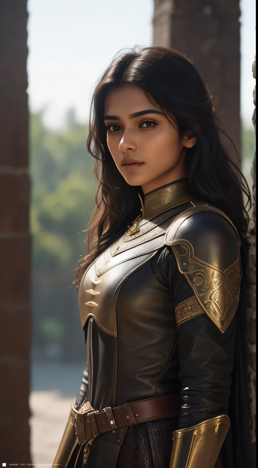 (young Indian girl, 18-year-old, (((wearing a medieval light leather outfit suitable for an assassin. Emphasize the sleekness of the design, Highlight intricate details, such as the texture of the leather, and convey an air of stealth and agility in the character's attire.))), gentle lighting, intricate facial details, flawless complexion, top-notch 3D rendering, hyper-realistic, shot on Indian road. photorealistic digital art trending on Artstation 8k HD high definition detailed realistic, detailed, skin texture, hyper detailed, realistic skin texture, armature, best quality, ultra high res), (photorealistic:1.4),, high resolution, detailed, raw photo, 400 camera f1.6 lens rich colors hyper realistic lifelike texture dramatic lighting unrealengine trending on artstation cinestill 800