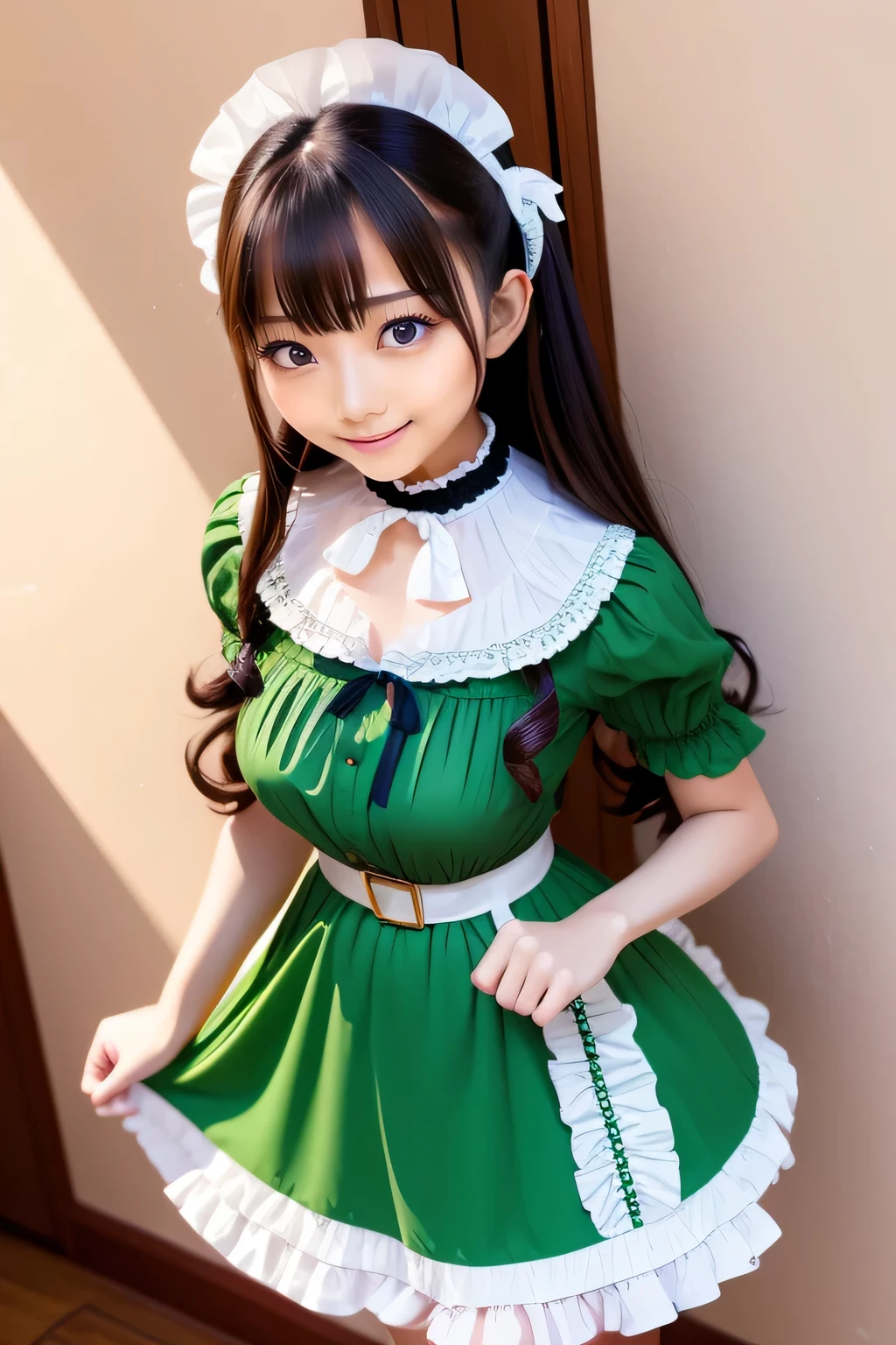 green lolita fashion, Wide collar with plenty of frills, The hem of a skirt with lots of frills, thick decorative belt at the waist、bangss, s lips、without makeup、short eyelashes、watching at viewers、A smile、Photorealsitic、high-level image quality、masutepiece, Best Quality, 8K, Beautie、Fine details