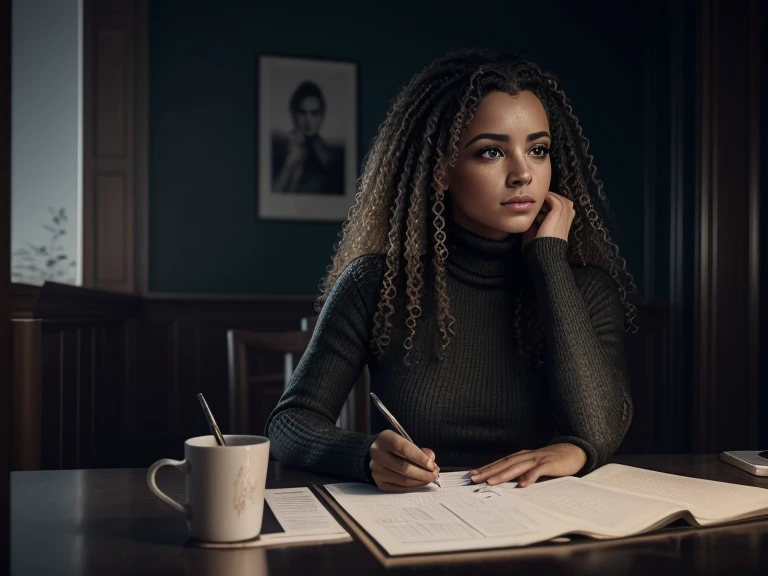 photoRealistic full body portrait of stunning, Europeia woman in yellow turtleneck with curly Hair writing down data from receipt while sitting at table with papers and smartphone and working on financial project at home, (8k, Foto RAW, melhor qualidade, master part:1. 2), (Realistic, photo-Realistic:1. 37) ultra-detalhado, belos olhos detalhados, beautiful detailed lips, Um olhar cativante, and a seductive expression. beautiful dynamic dramatic dark moody lighting, Sombras, cinematic atmospheric, fotografia, focal length, ((Cintura longa, Messy, selvagem, louro, Hair)),