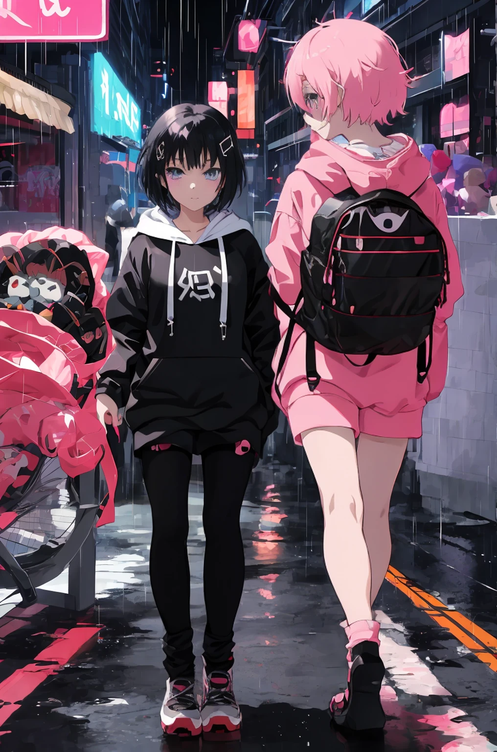 anime girl in the rain with a backpack and a backpack, anime style 4 k, cyberpunk anime girl in hoodie, 4k anime wallpaper, anime art wallpaper 8 k, anime art wallpaper 4k, anime art wallpaper 4 k, anime wallpaper 4k, anime wallpaper 4 k, anime style. 8k, badass anime 8 k, digital cyberpunk anime art