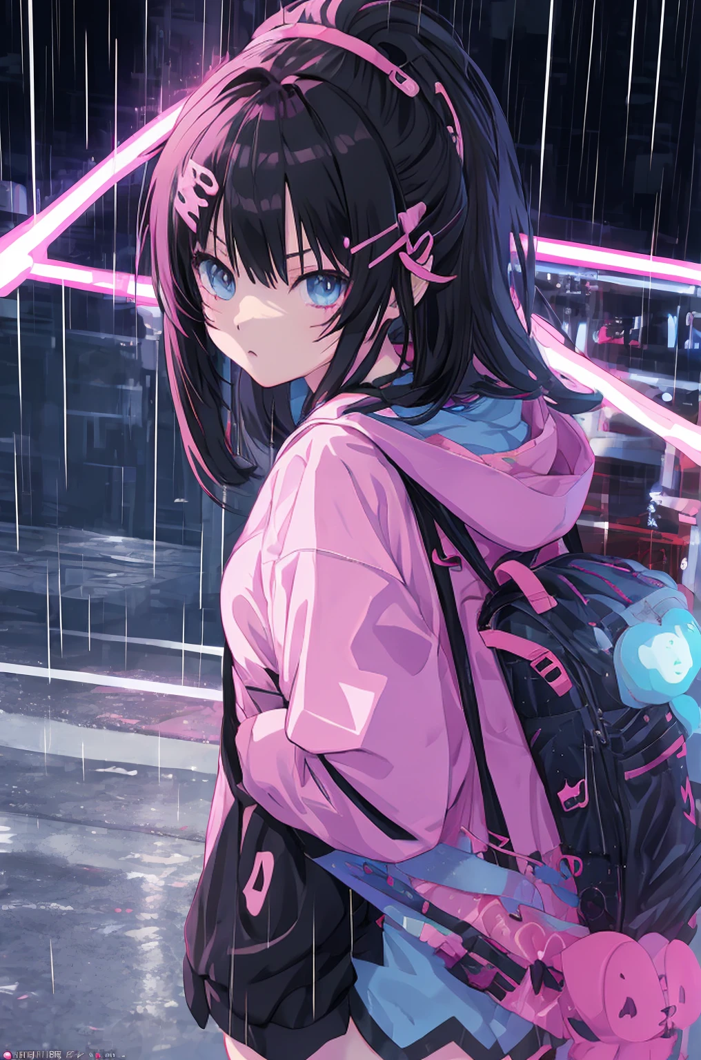 anime girl in the rain with a backpack and a backpack, anime style 4 k, cyberpunk anime girl in hoodie, 4k anime wallpaper, anime art wallpaper 8 k, anime art wallpaper 4k, anime art wallpaper 4 k, anime wallpaper 4k, anime wallpaper 4 k, anime style. 8k, badass anime 8 k, digital cyberpunk anime art