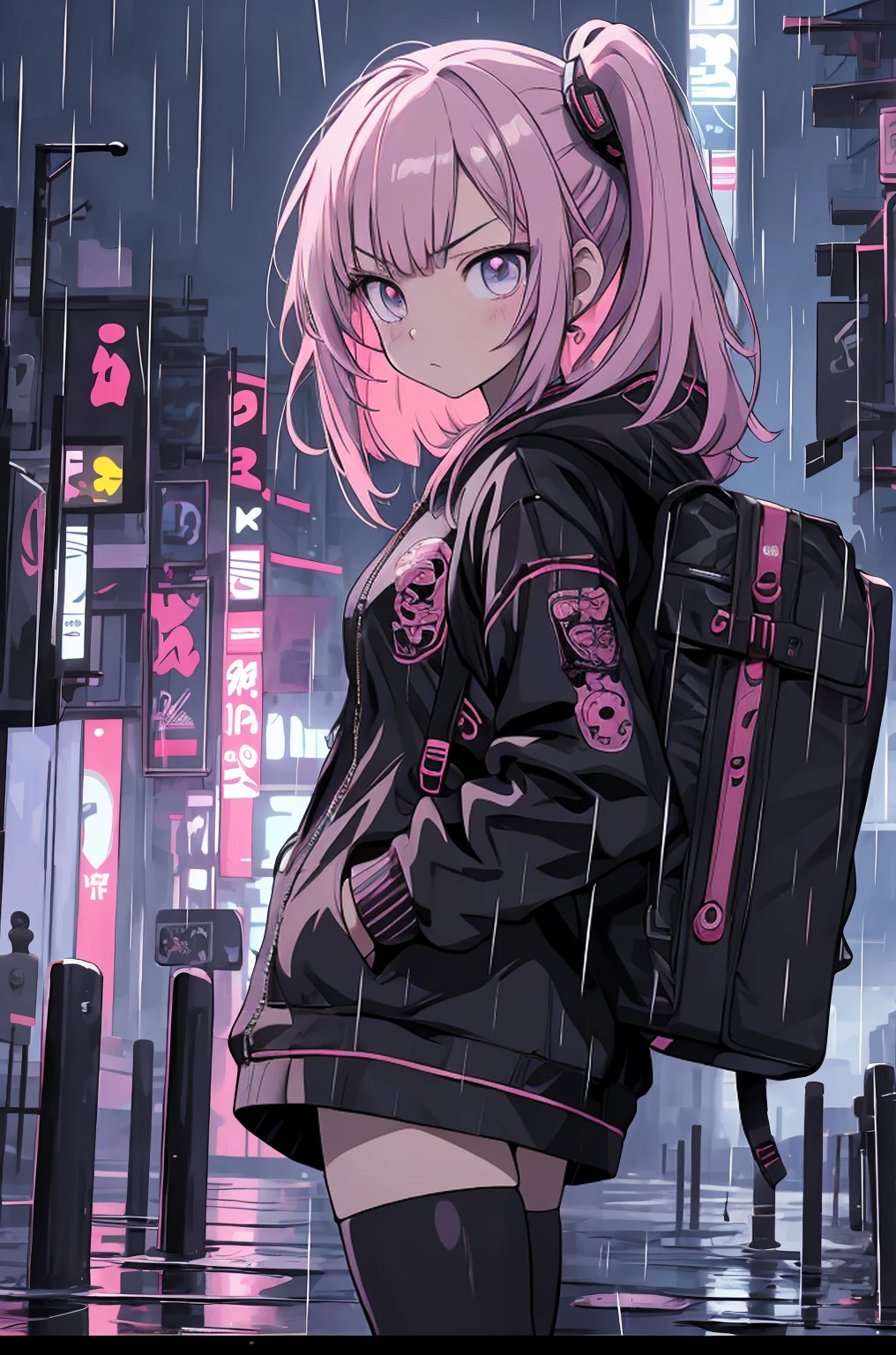 anime girl in the rain with a backpack and a backpack, anime style 4 k, cyberpunk anime girl in hoodie, 4k anime wallpaper, anime art wallpaper 8 k, anime art wallpaper 4k, anime art wallpaper 4 k, anime wallpaper 4k, anime wallpaper 4 k, anime style. 8k, badass anime 8 k, digital cyberpunk anime art