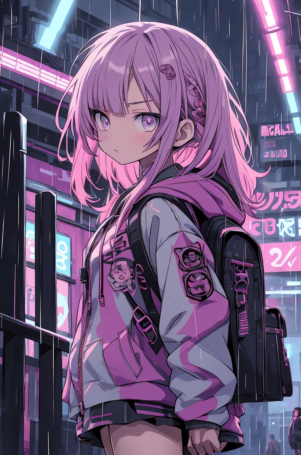 anime girl in the rain with a backpack and a backpack, anime style 4 k, cyberpunk anime girl in hoodie, 4k anime wallpaper, anime art wallpaper 8 k, anime art wallpaper 4k, anime art wallpaper 4 k, anime wallpaper 4k, anime wallpaper 4 k, anime style. 8k, badass anime 8 k, digital cyberpunk anime art