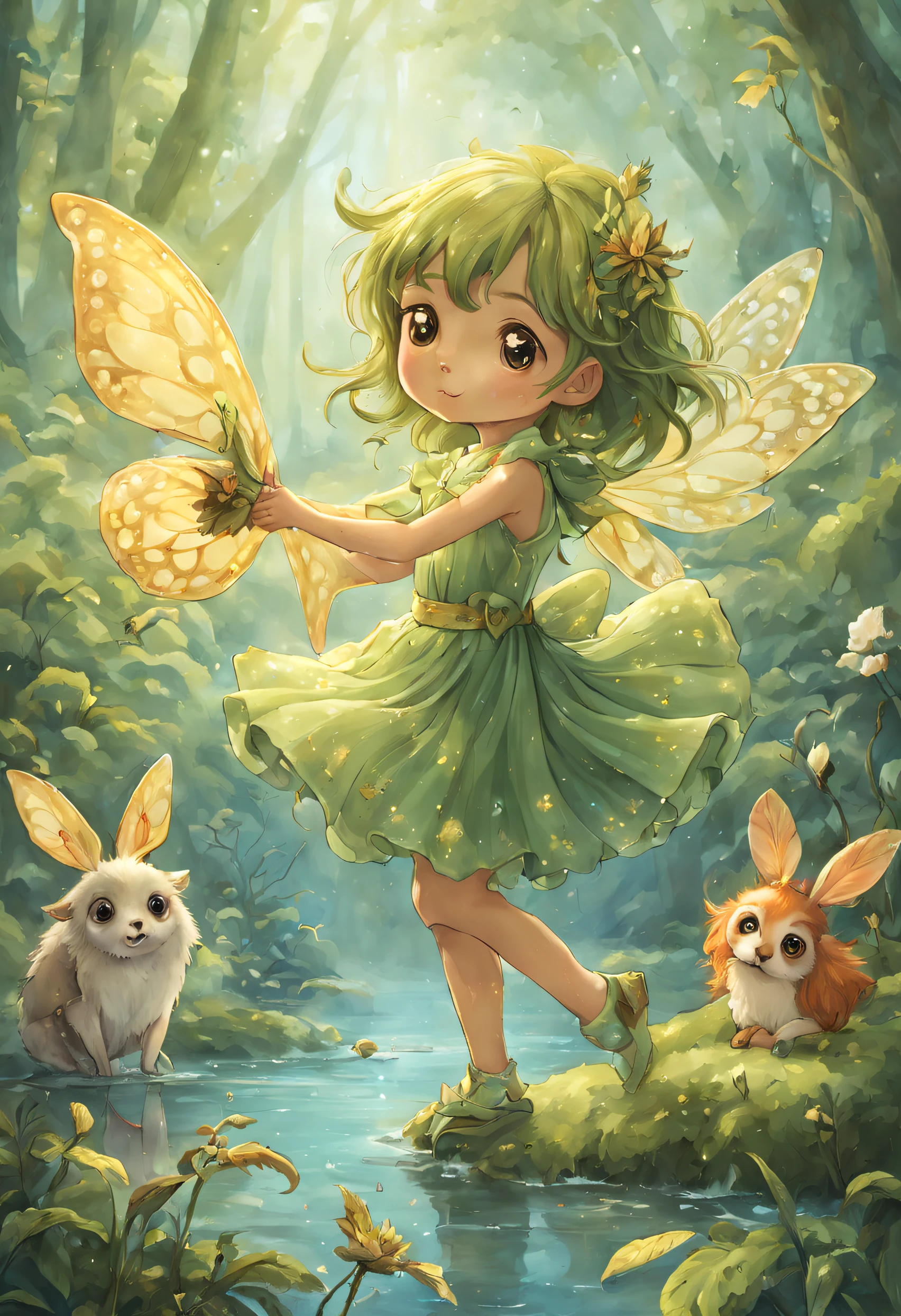 benevolent fantasy creatures that the cute girl encounters on her adventure. Think of tiny fairies, talking animals, or gentle forest spirits.
Create a sense of camaraderie and friendship between the girl and these magical creatures.