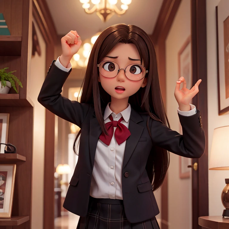 1girl, medium-length brown hair, brown eyes, glasses, open forehead, office outfit, black jacket, white shirt, black skirt, open mouth, no smile, fright