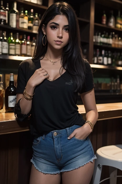 mujer de latinoamerica tomando cerveza, 22year old, morena, navidad, bar, ropa causal.