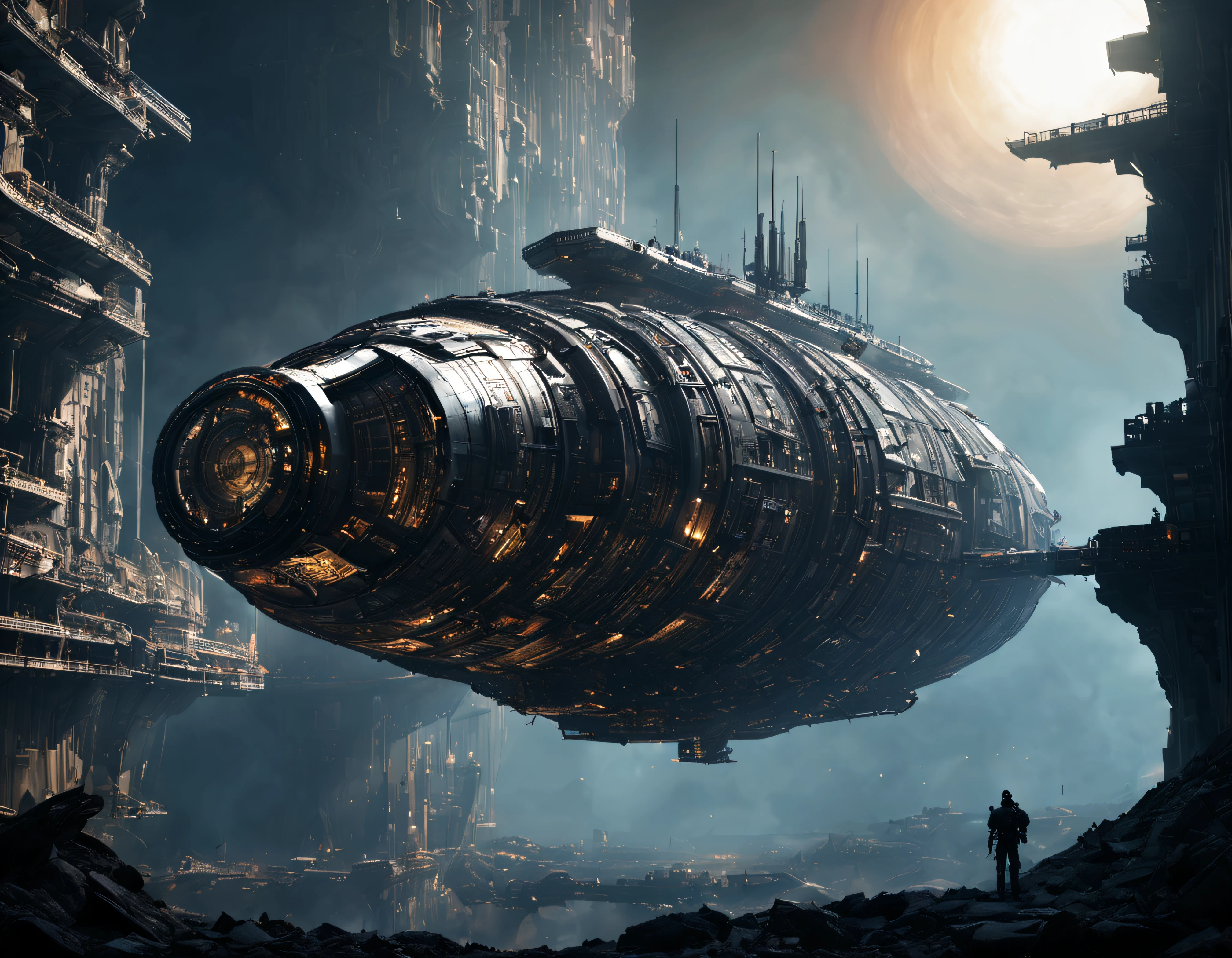 la nave minera nostromo aterriza en un planeta desconocido y dos tripulantes de la nave, pasean por una ciudad impresionante, en mal estado de conservacion pero altamente tecnologica, con maquinaria abandonada en las calles, con inmensos edificios construidos con metal y cristal, donde abunda el oro, la plata y el bronce, las ventanas estan iluminadas y la iluminacion es la de la hora dorada con el sol poniendose, , detalles intrincados de la maquina de alta calidad), estilo cinematografico, nitidez absoluta, imagen 8k.(obra maestra).fondos de pantalla, ultra detallado.