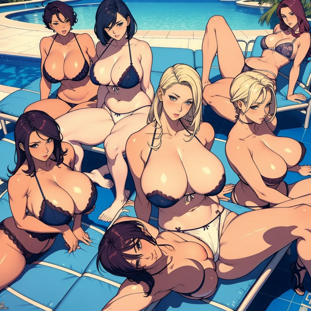 multiple thick body females at the pool daytime, all females wearing different style lace pattern panties no bra, (no bra) some females lounging on long lounge chairs side by side, spread their legs open facing each other, ((spread her legs)) show panties at viewer, some females no bra with nipples showing, all female show bare breast hanging out showing nipples,