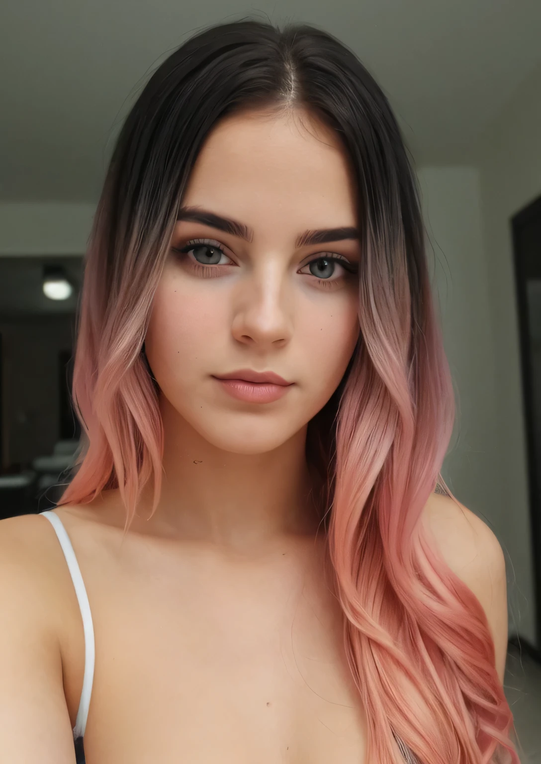 taken with iphone camera BREAK medium shot selfie of a pretty young woman BREAK (ombre:1.3) blonde pink BREAK film grain, medium quality