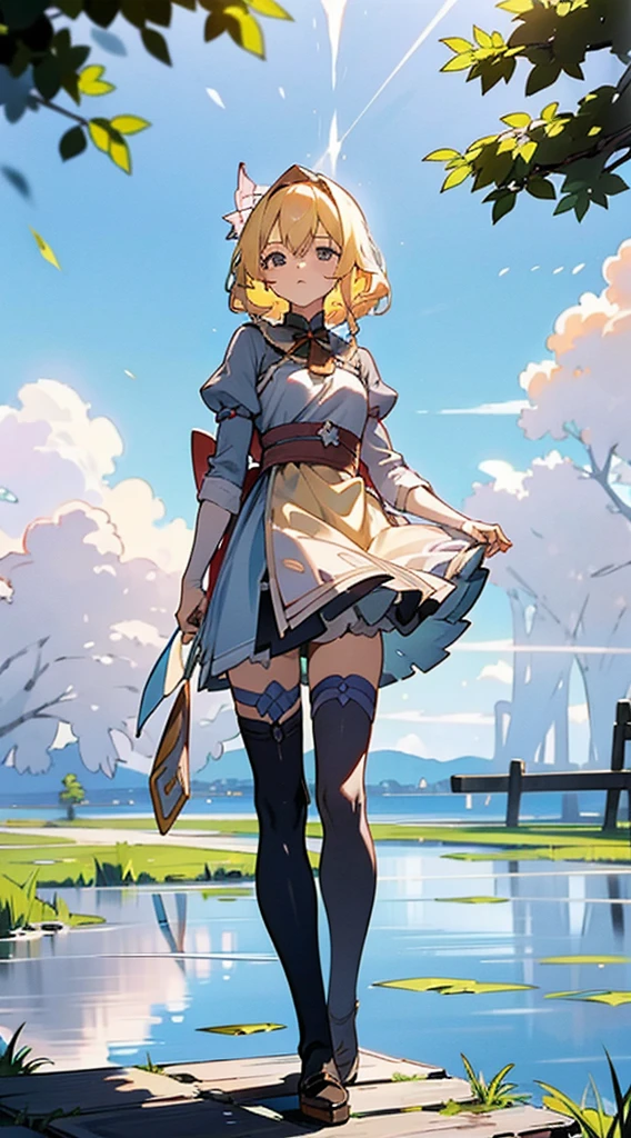 anime styled, The ultra -The high-definition, alice in the wonderland, Super cute girl, ((a blond:1.4)), ((Long:1.4)), shame, He&#39;s looking at me with a shy expression on his face., Light blue fluttering short dress, frilldの付いた白いエプロンスカートを重ねる, frilld, A large white ribbon is tied in the back around the waist of the dress. , B-cup breasts, Light blue fluttering mini skirt, 両足ともハイソックスは爪先から太ももの半ばあたりまである長い白色のknee high, ((knee high:1.4)), and draw the full body, In the forest where bright sunlight shines through, Clothes disheveled and chest exposed, teatsが見えている, ((teats:1.4)), Her skirt is in disarray and her crotch is visible., 股のFemale genitalsが見えている, ((Female genitals:1.4)), Pee, お漏らししてPeeが股から勢いよく出ている,  Excreted urine drips down the thighs and wets the ground., ((pissing:1.5)), I&#39;m holding out my hand as if to invite you here, The girl is looking at this, Please draw from a low angle.