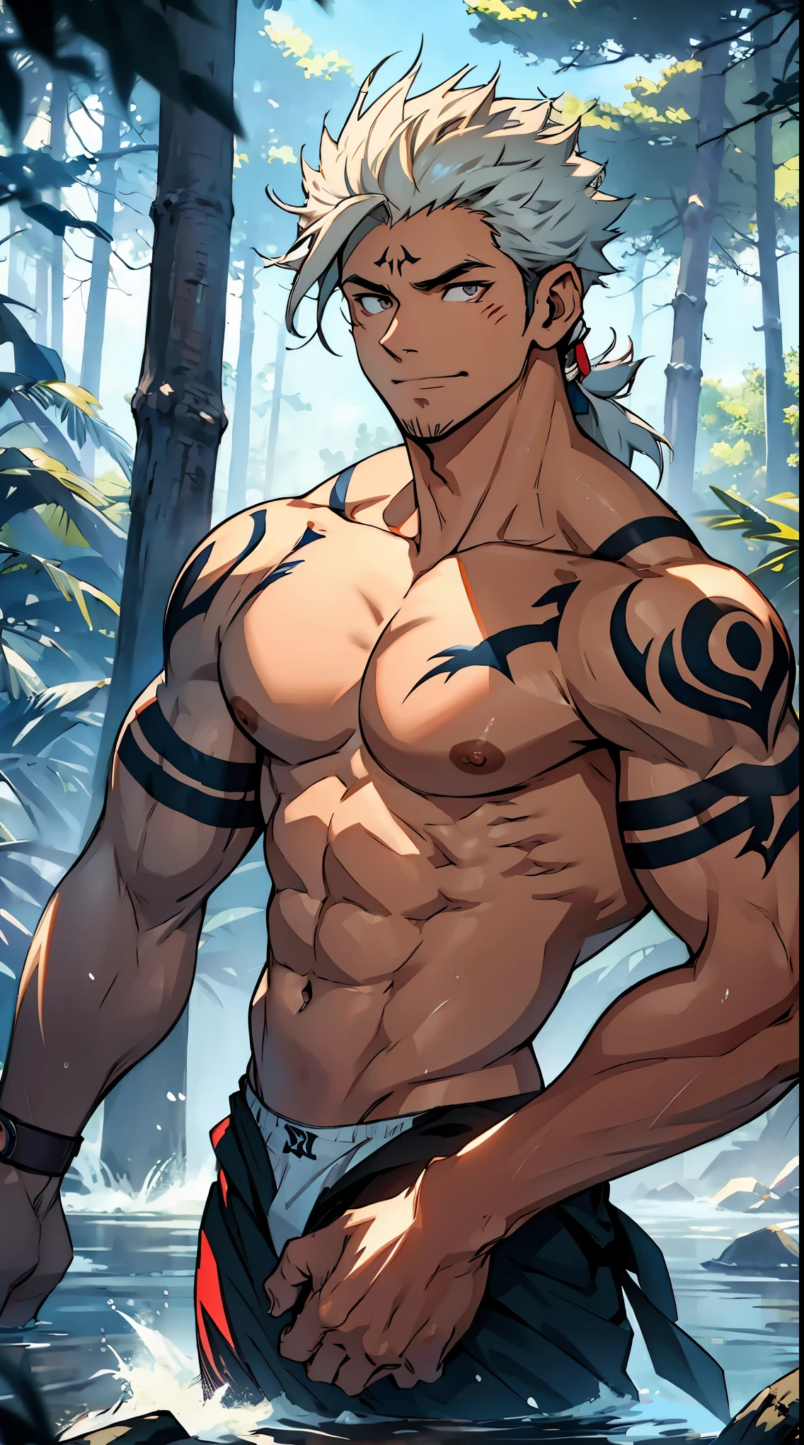 A man with muscular abs, tattoos, tan skin, and yellow eyes.