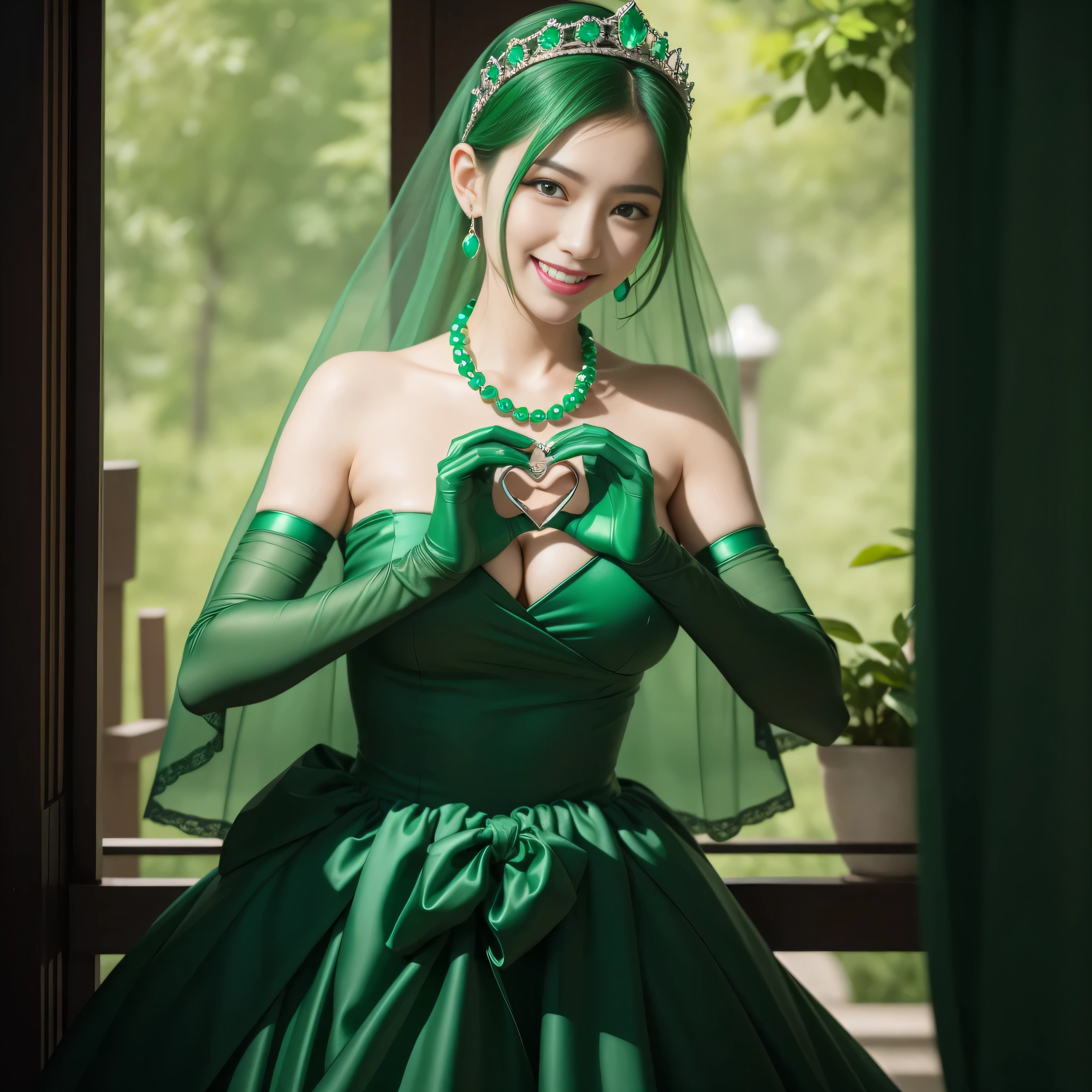 emerald tiara, Green Pearl Necklace, Boyish very short green hair, lipsticks, Japan woman smiling, very short short hair, big breasts beautiful, Green eyes, Long green gloves made of satin material, Green eyes, Emerald Earrings, green vale, Heart with both hands, Green hair